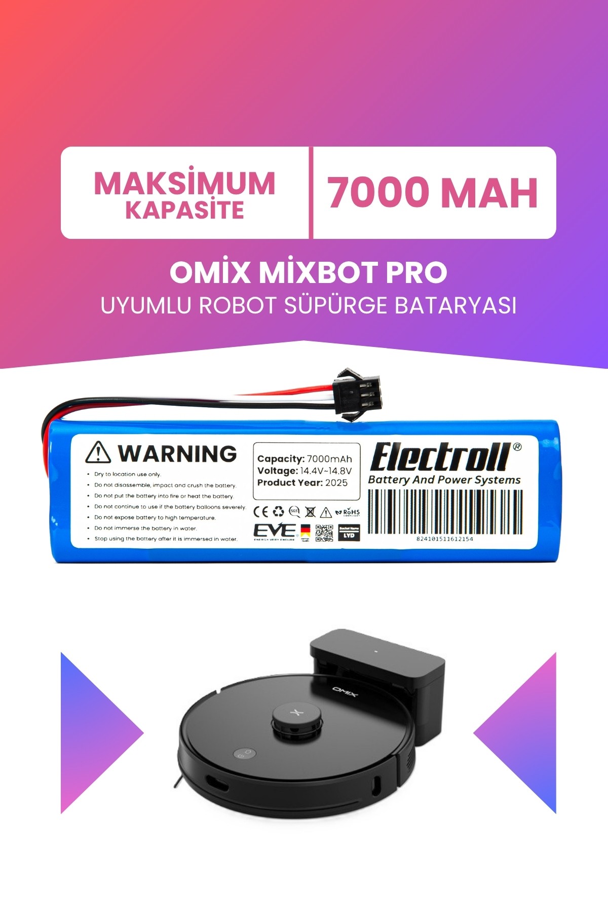Omix Mixbot Pro Uyumlu Batarya (MAKSİMUM KAPASİTE) 7000mah Pil Robot Süpürge Bataryası