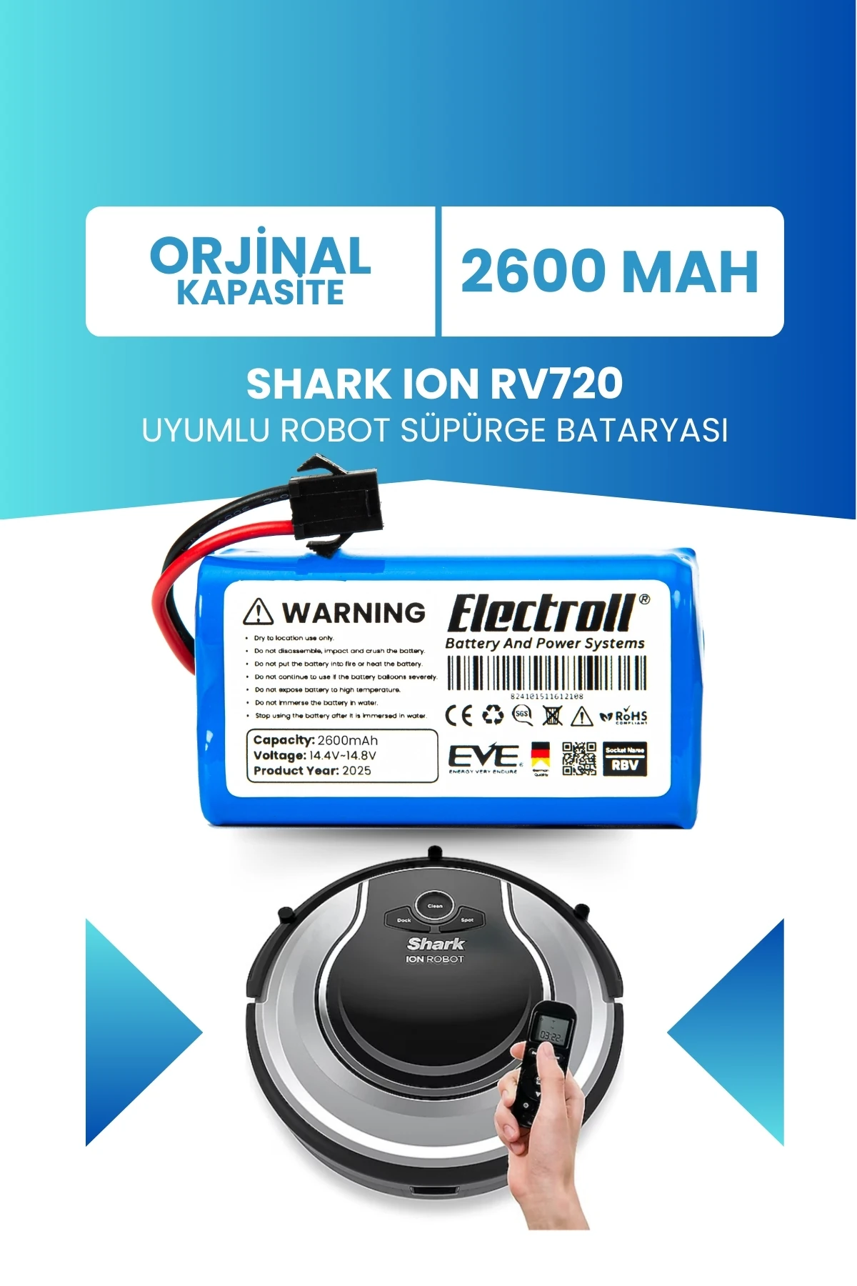Shark Ion Rv720 Uyumlu Batarya (ORJİNAL KAPASİTE) 2600mah Pil Robot Süpürge Bataryası