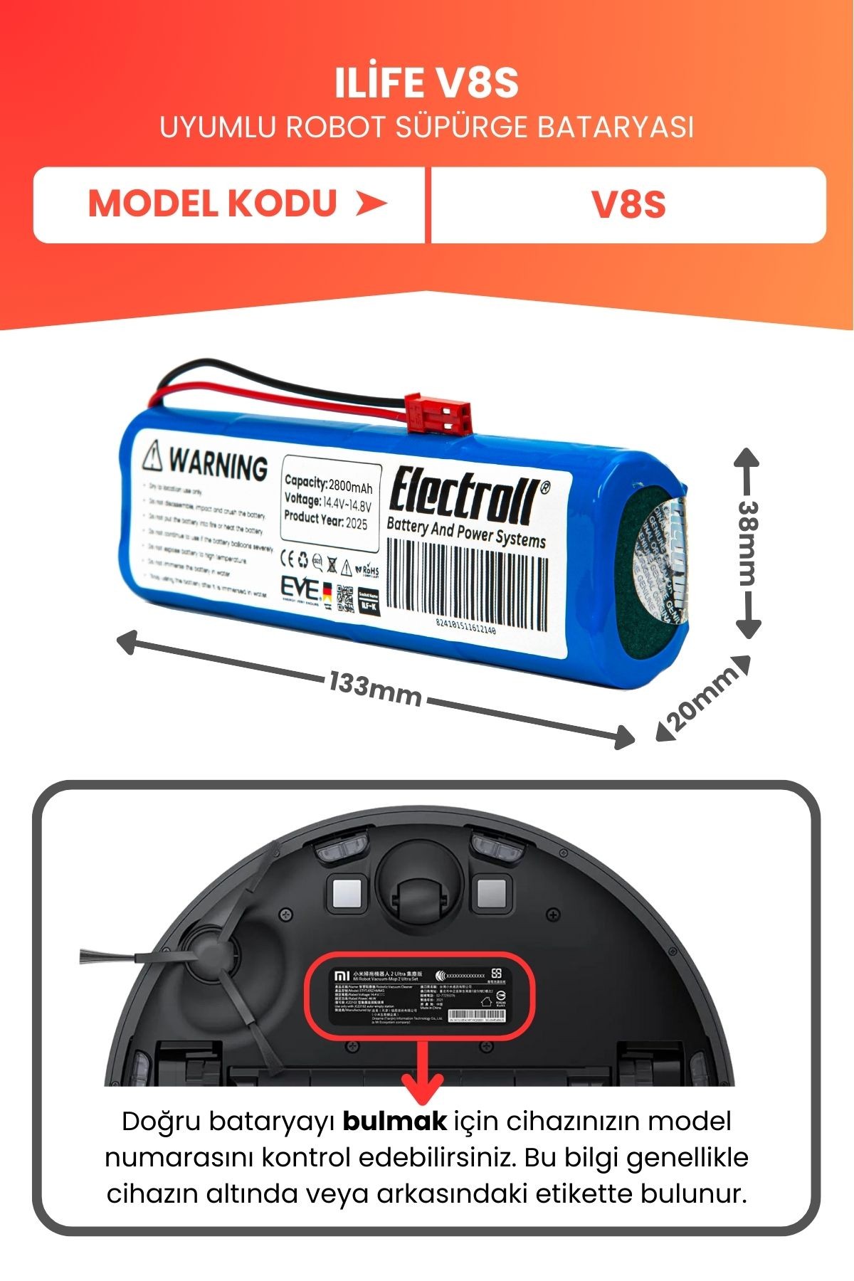 Ilife V8s Uyumlu Batarya (YÜKSEK KAPASİTE) 2800mah Pil Robot Süpürge Bataryası Değişimi