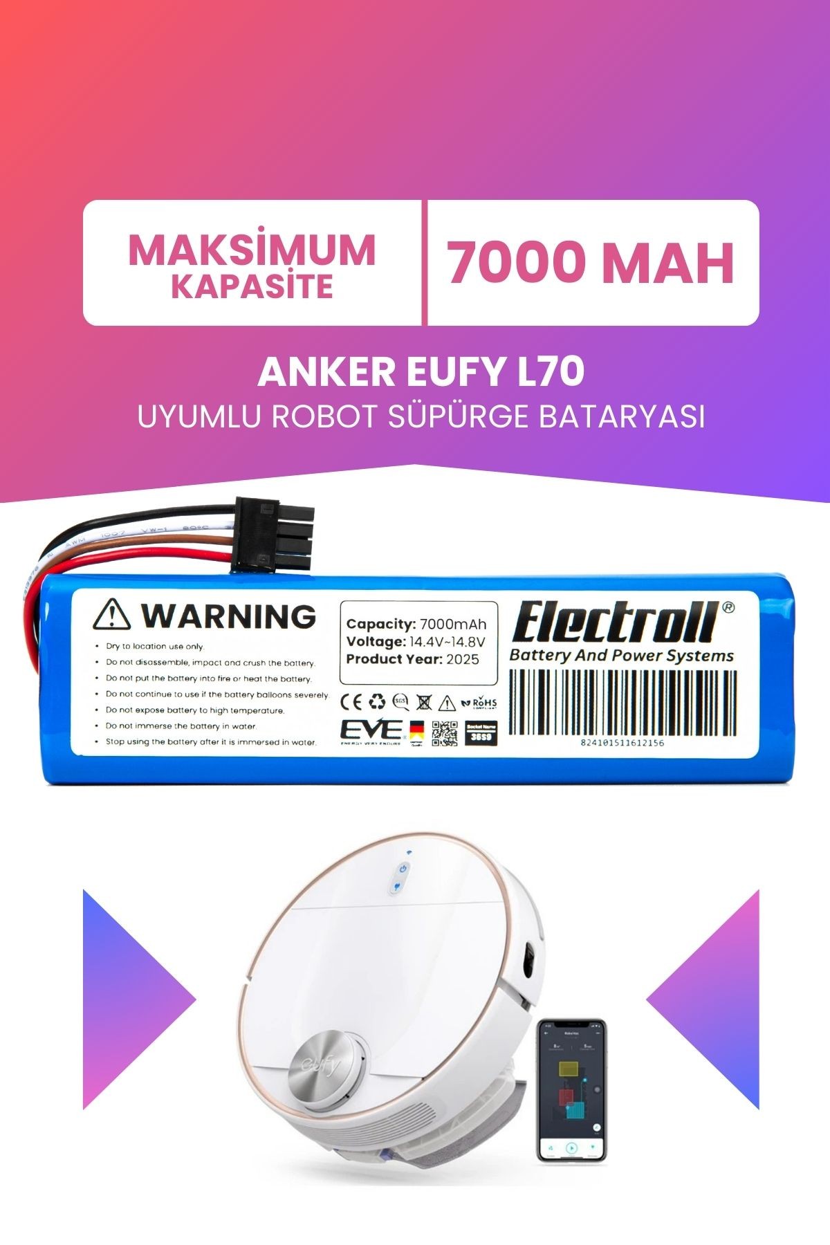 Anker Eufy L70 Hybrid Batarya (MAKSİMUM KAPASİTE) 7.000mah Pil Akıllı Robot Süpürge Batarya