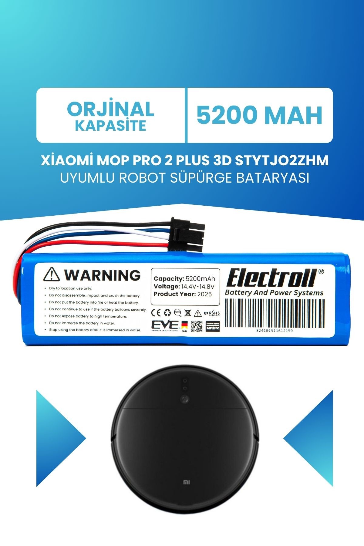 Xiaomi Mop Pro 2 Plus 3d Stytjo2zhm Uyumlu Batarya (ORJİNAL KAPASİTE) 5200mah Robot Süpürge Pili