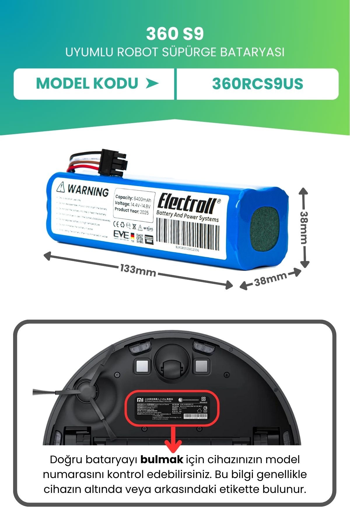 360 S9 Uyumlu Batarya (ULTRA YÜKSEK KAPASİTE) 6400mah Pil Robot Süpürge Bataryası Değişimi 360rcs9us