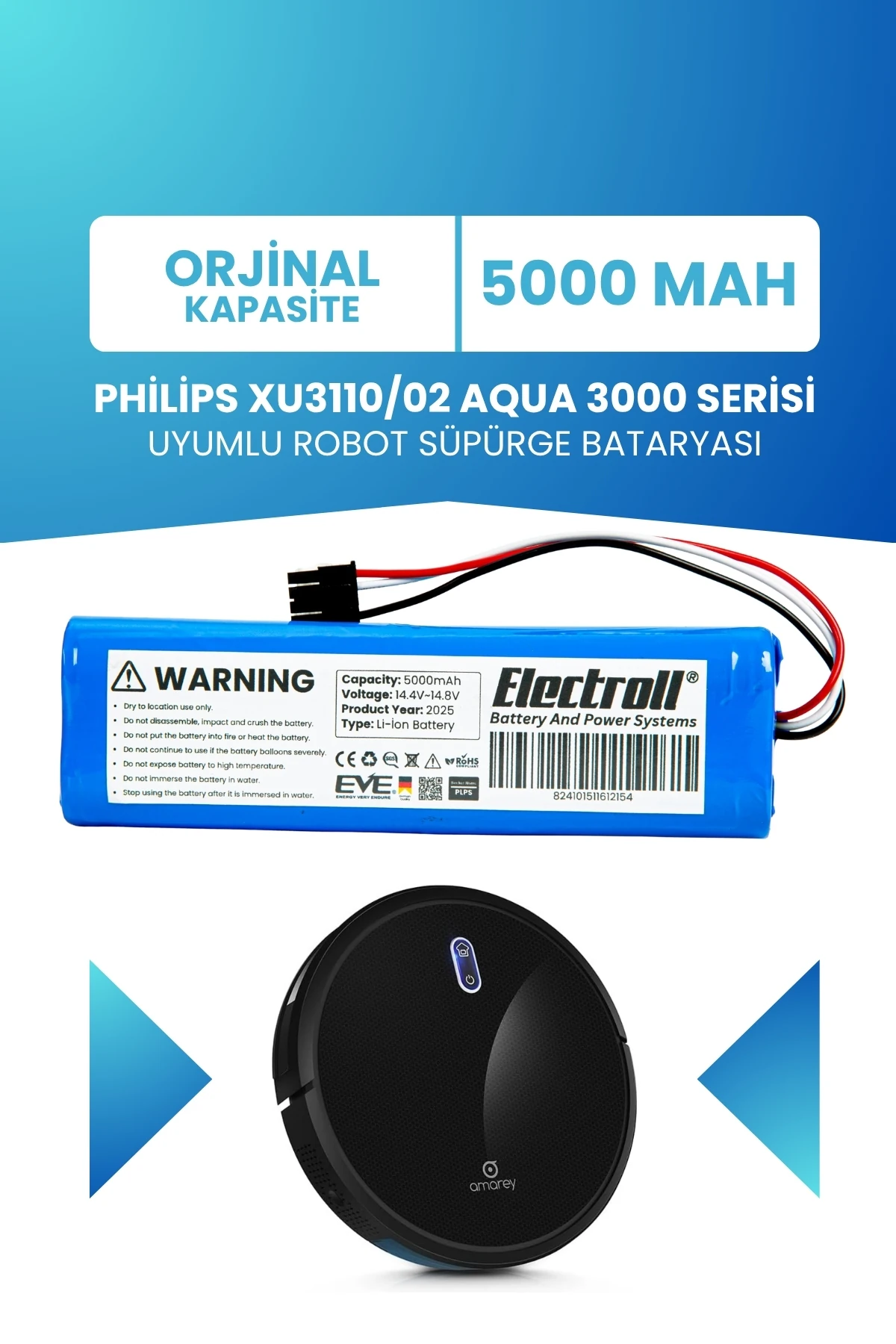 Philips Xu3110/02 Aqua 3000 Serisi Uyumlu Batarya (STANDART KAPASİTE) 5000mah Robot Süpürge Pili