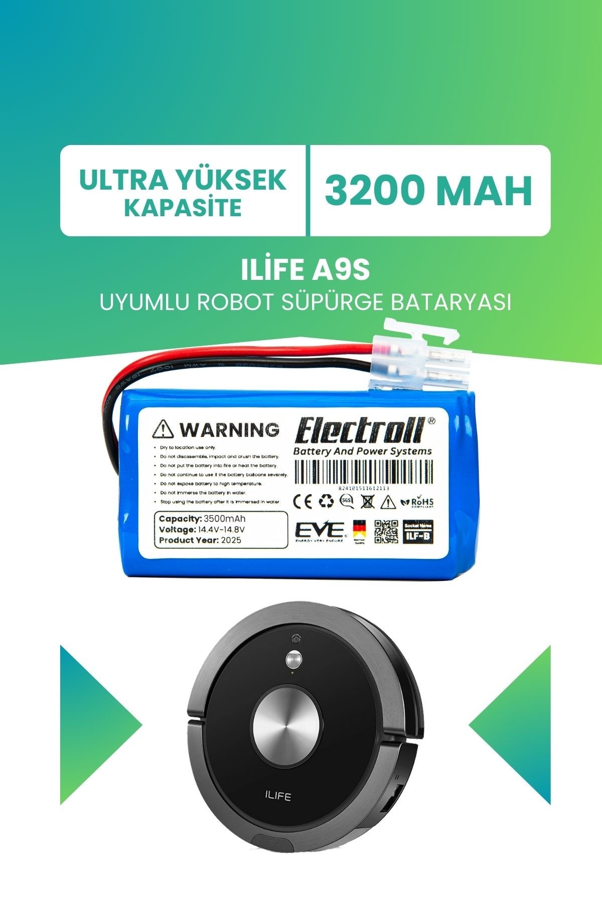 Ilife A9S Uyumlu Batarya (ULTRA YÜKSEK KAPASİTE) 3200mah Pil Robot Süpürge Batarya