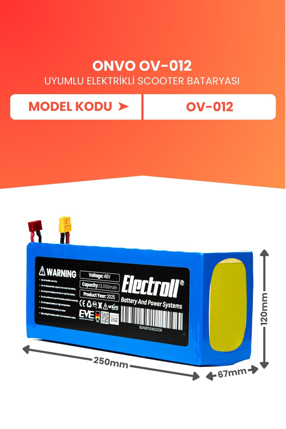 ONVO OV-012 (Yüksek Kapasite) Batarya 48v 13ah Pil Elektrikli Scooter Bataryası