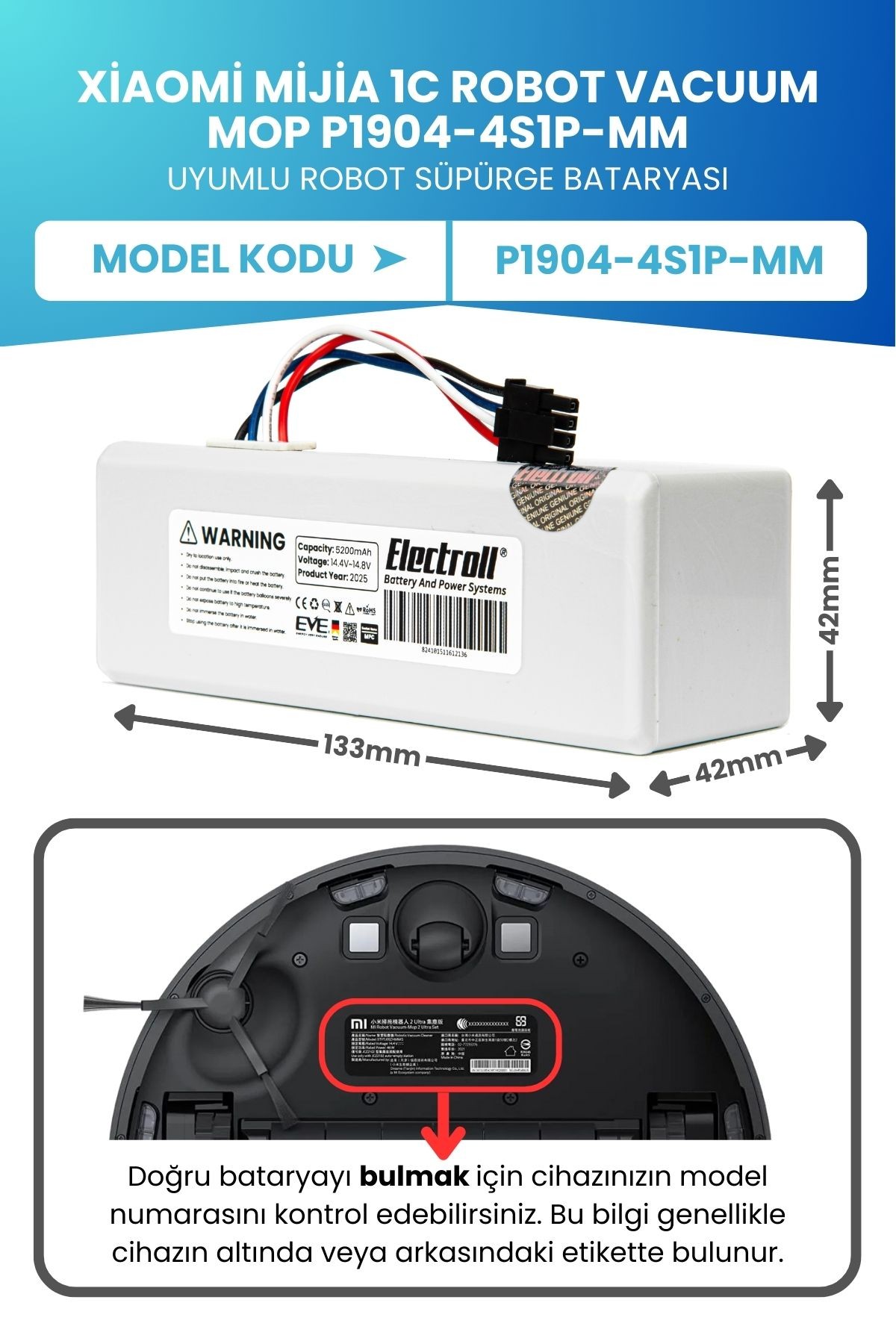 Xiaomi Mijia 1c Robot Vacuum Mop P1904-4s1p-mm Batarya 5200 Mah Mega Kapasite Robot Süpürge Pili