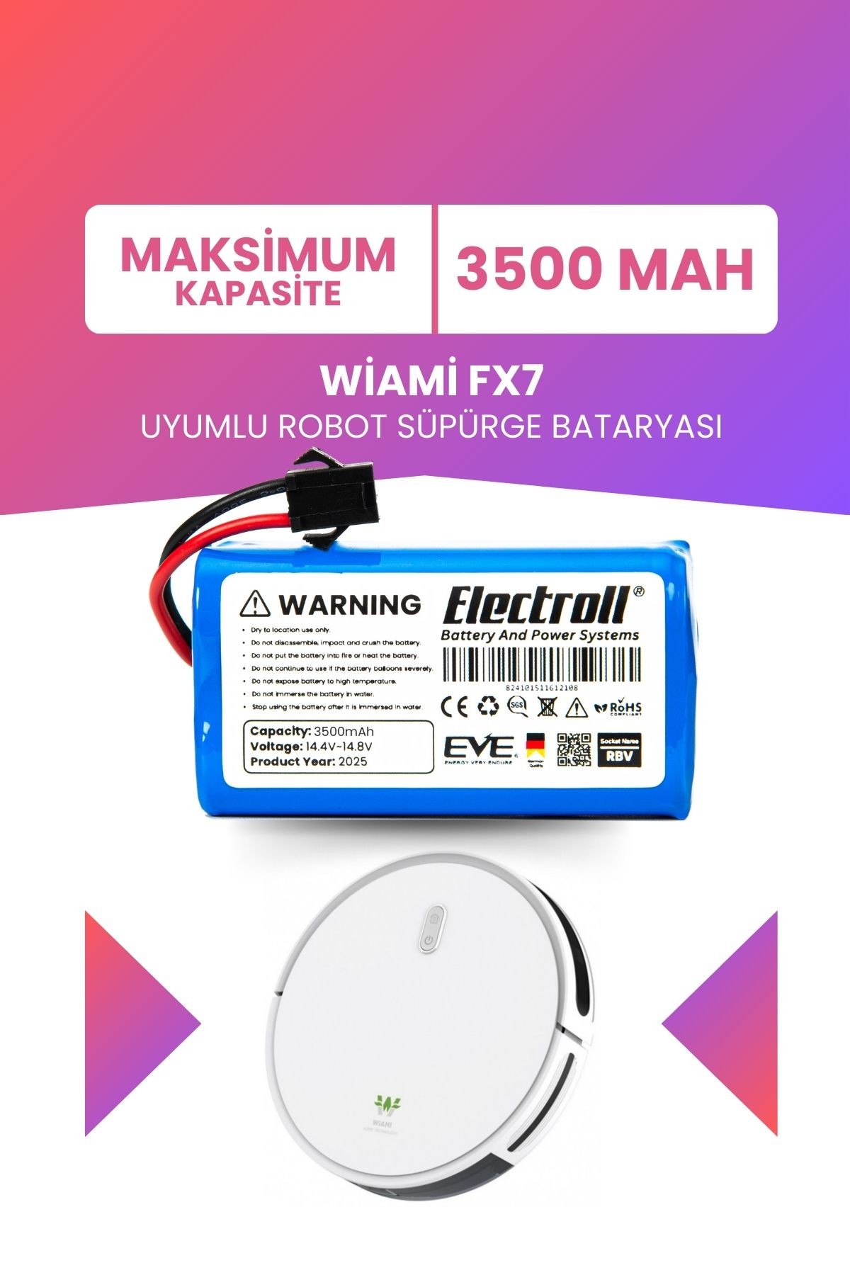 Wiami Fx7 Uyumlu Batarya (MAKSİMUM KAPASİTE) 3500mah Pil Robot Süpürge Bataryası