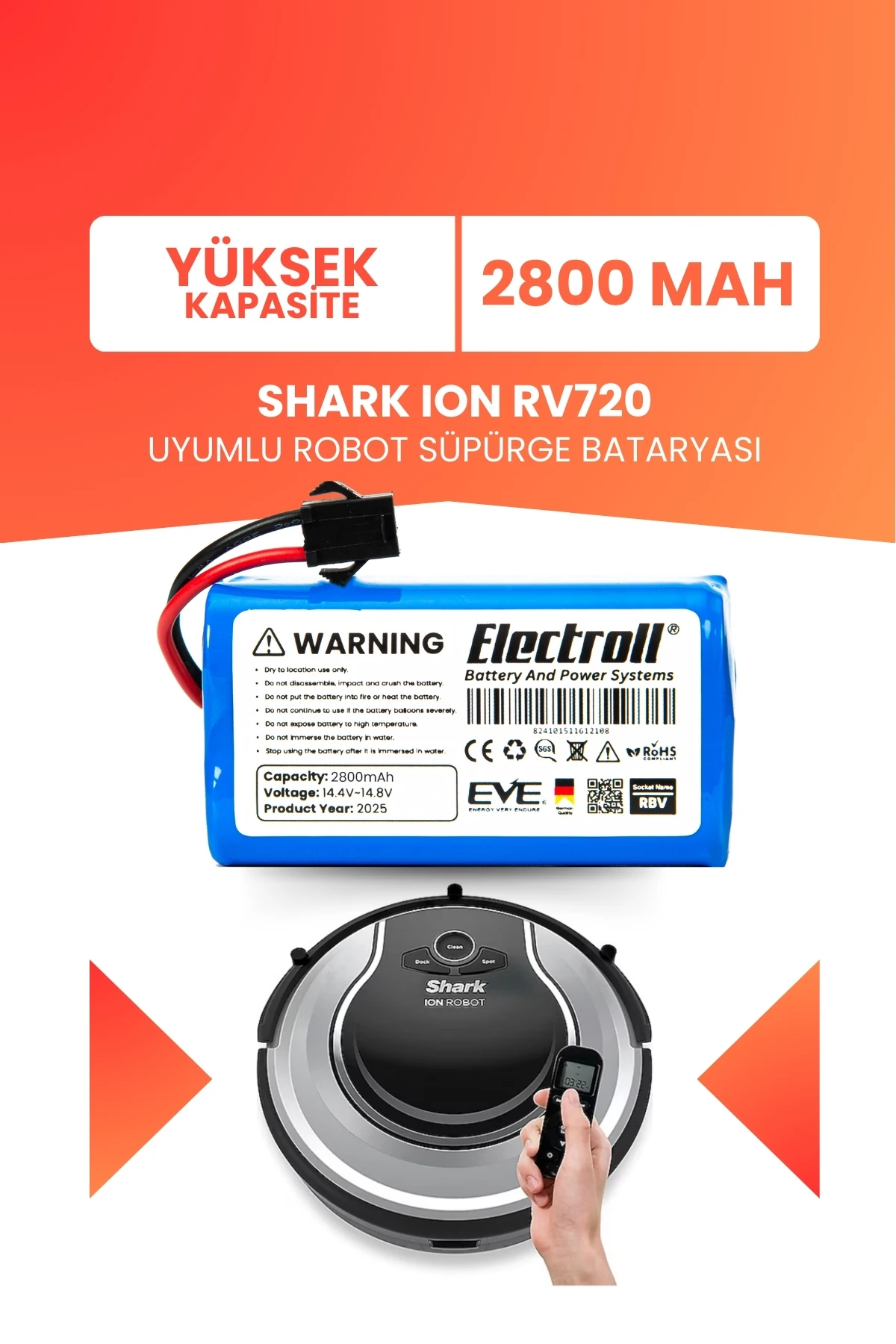 Shark Ion Rv720 Uyumlu Batarya (YÜKSEK KAPASİTE) 2800mah Pil Robot Süpürge Bataryası