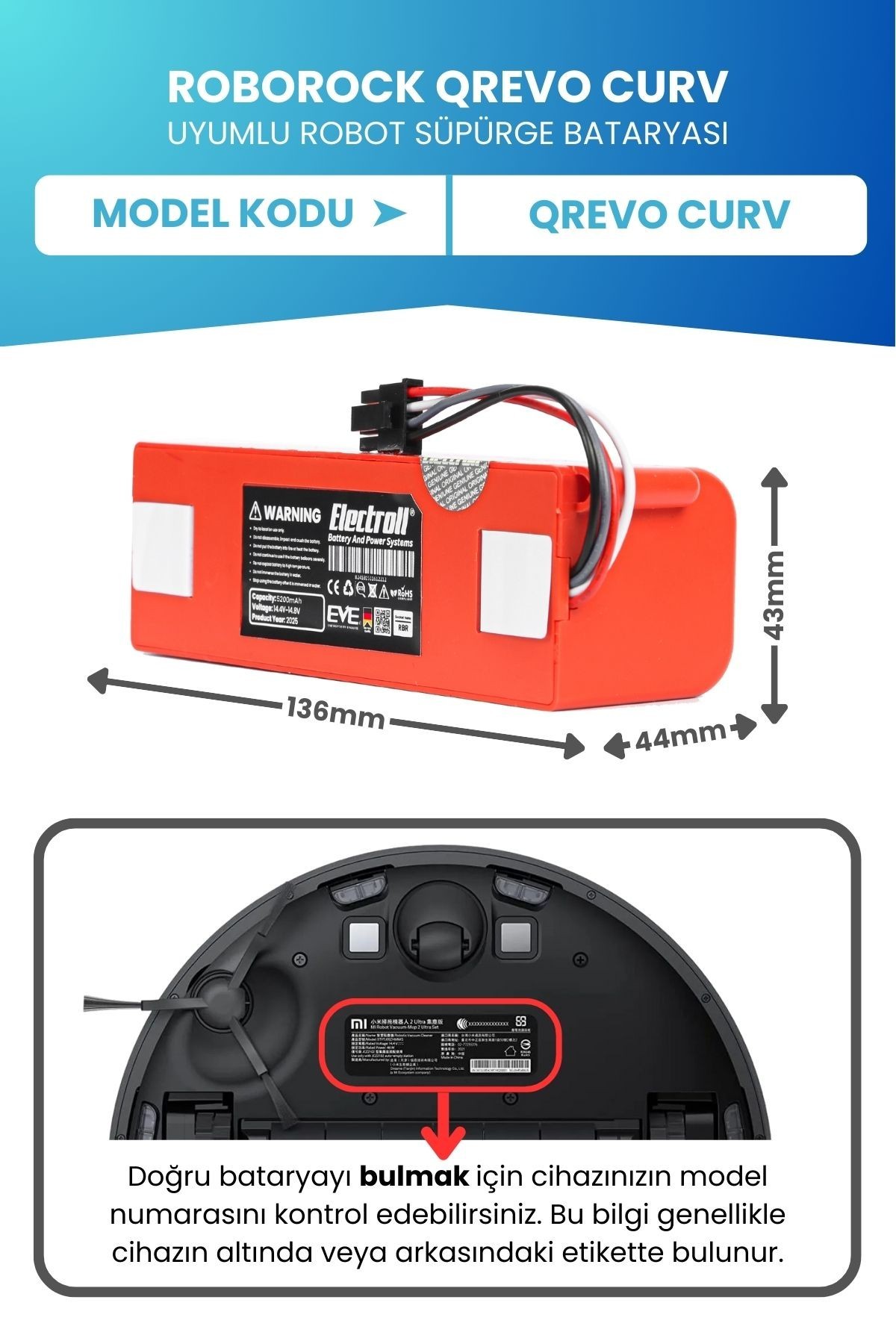 ROBOROCK QREVO CURV Uyumlu Batarya (Orjinal Kapasite) 5200MAH Pil Robot Süpürge Batarya Değişimi