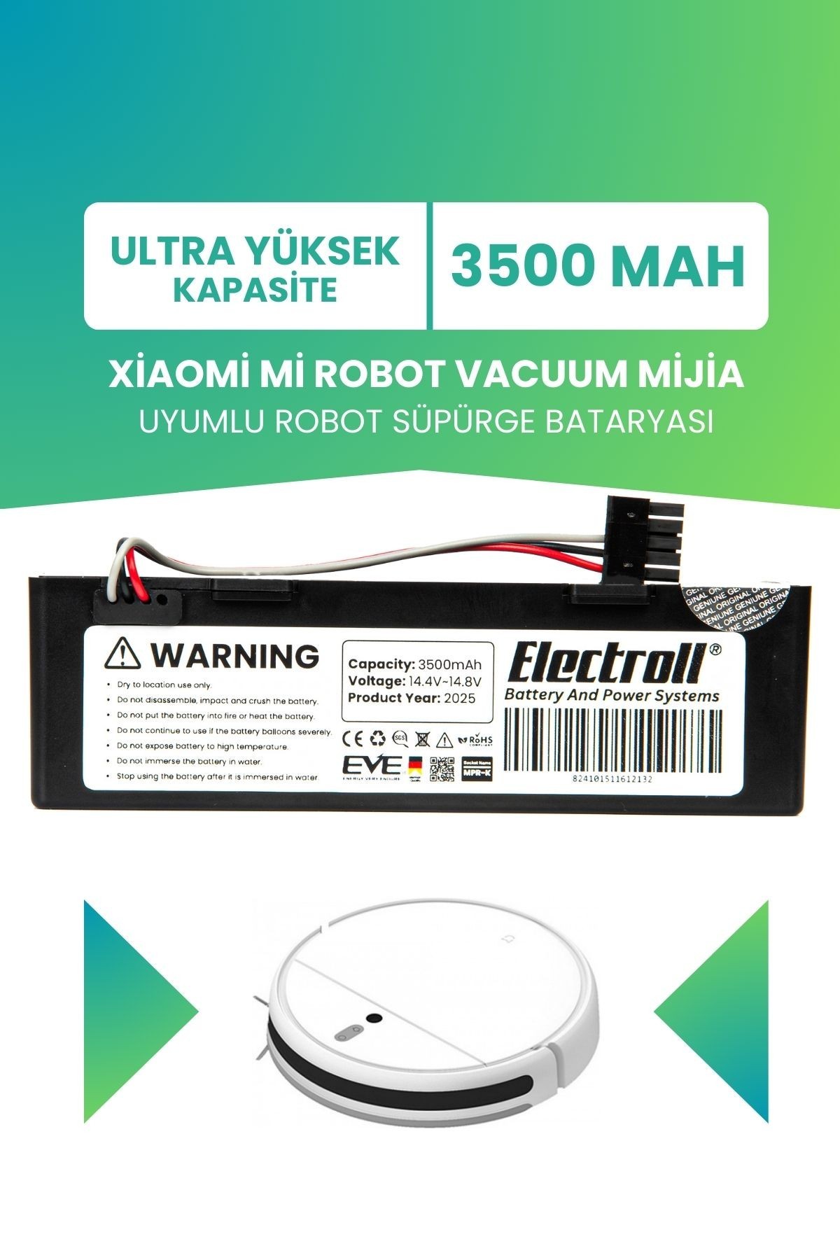 Xiaomi Mi Robot Vacuum Mijia Uyumlu Batarya (ULTRA YÜKSEK KAPASİTE) 3500mah Kutulu Stytj01zhm Robot