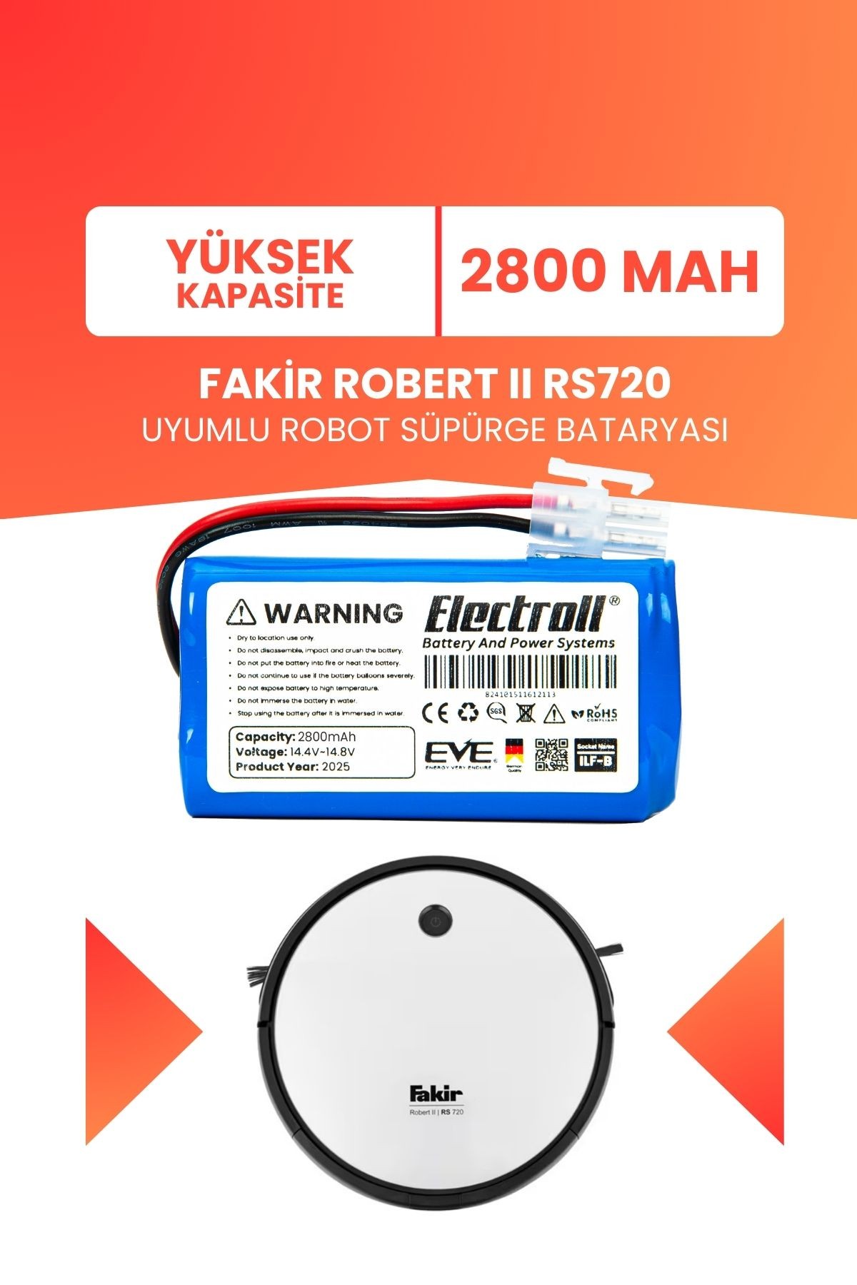 Fakir Robert Iı Rs720 Uyumlu Batarya (YÜKSEK KAPASİTE) 2800mah Pil Robot Süpürge Bataryası 41004400