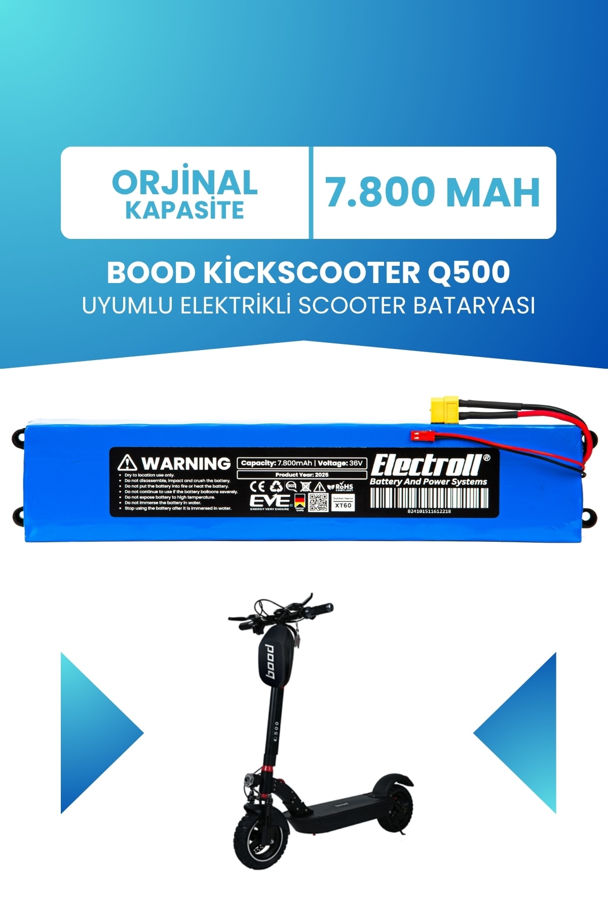 Bood Kickscooter Q500 Uyumlu Batarya (STANDART KAPASİTE) 36v 7.800mah Elektrikli Scooter Bataryası