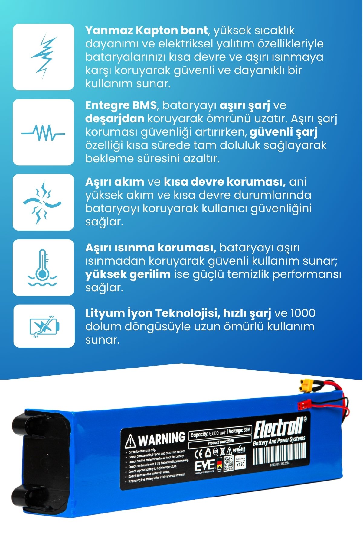 Hoverway Kick Uyumlu Batarya (Eko Kapasite) 36v 6.000Mah Elektrikli Scooter Bataryası
