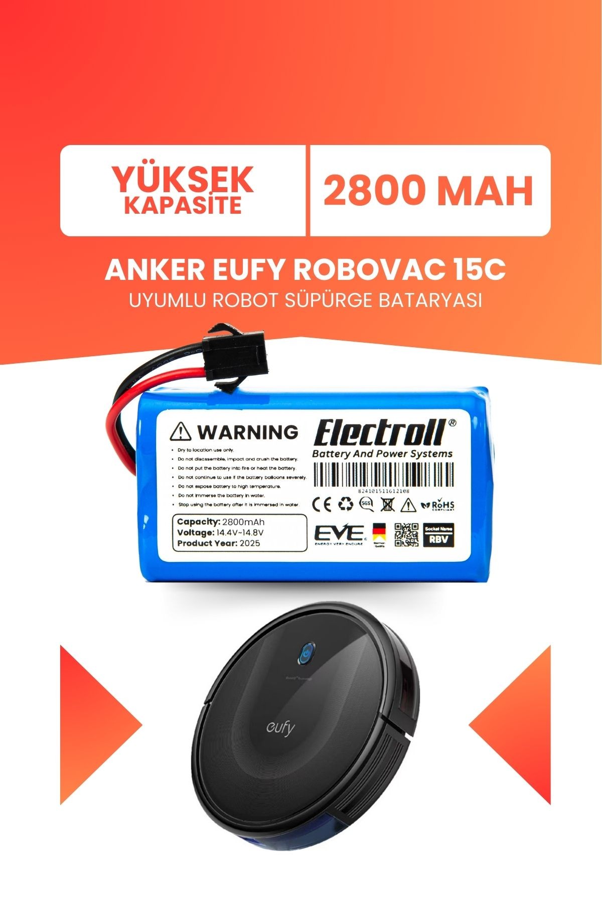Eufy Robovac 15c Süpürge Uyumlu Batarya (YÜKSEK KAPASİTE) 2800mah Pil Robot Süpürge Batarya Değişimi