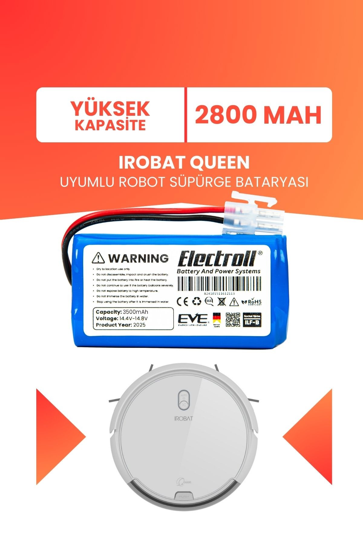 Irobat Queen Uyumlu Batarya (YÜKSEK KAPASİTE) 2800mah Pil Robot Süpürge Batarya Değişimi