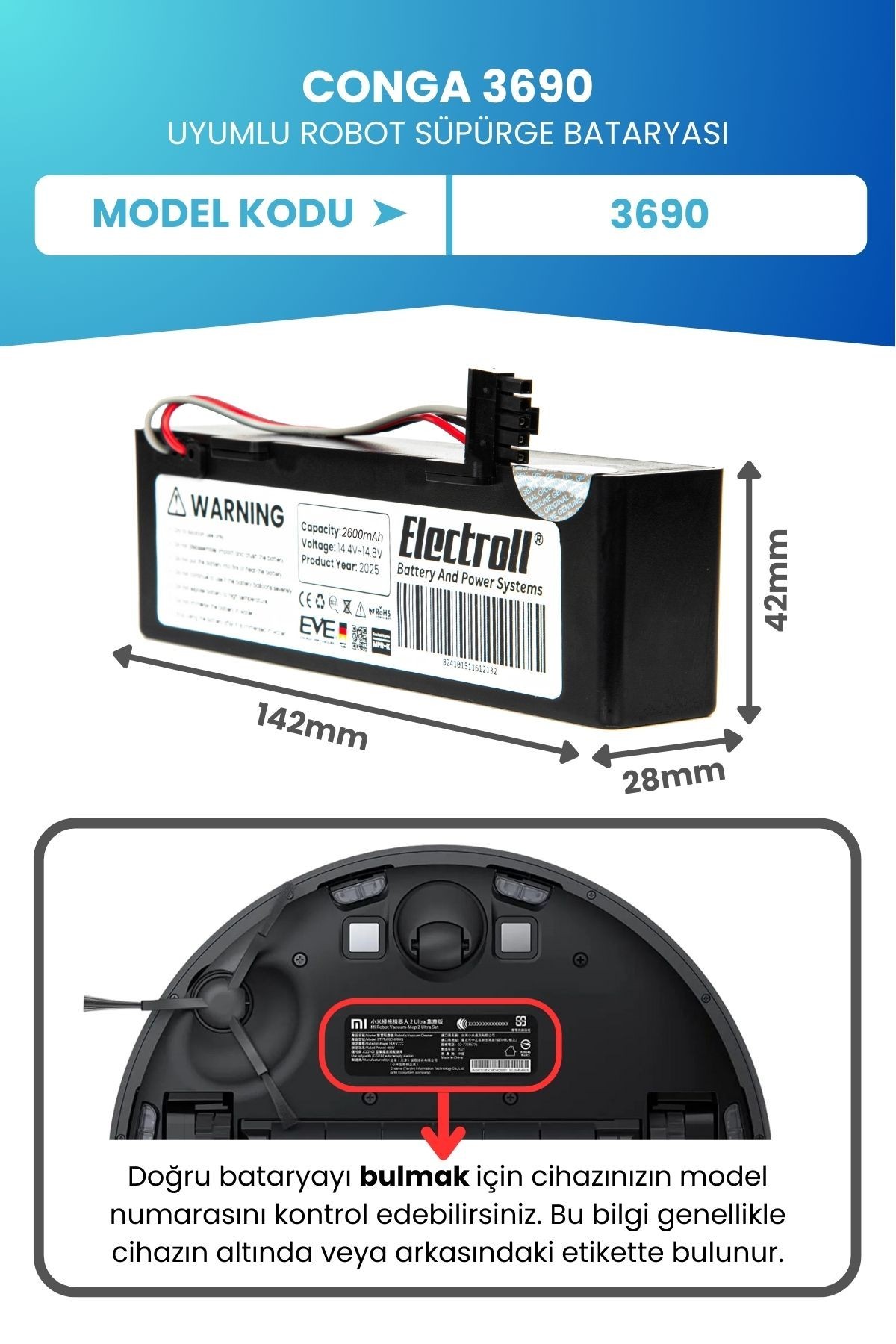 Conga 3690 Uyumlu Batarya (ORJİNAL KAPASİTE) 2600mah Pil Kutulu Robot Süpürge Bataryası Değişimi