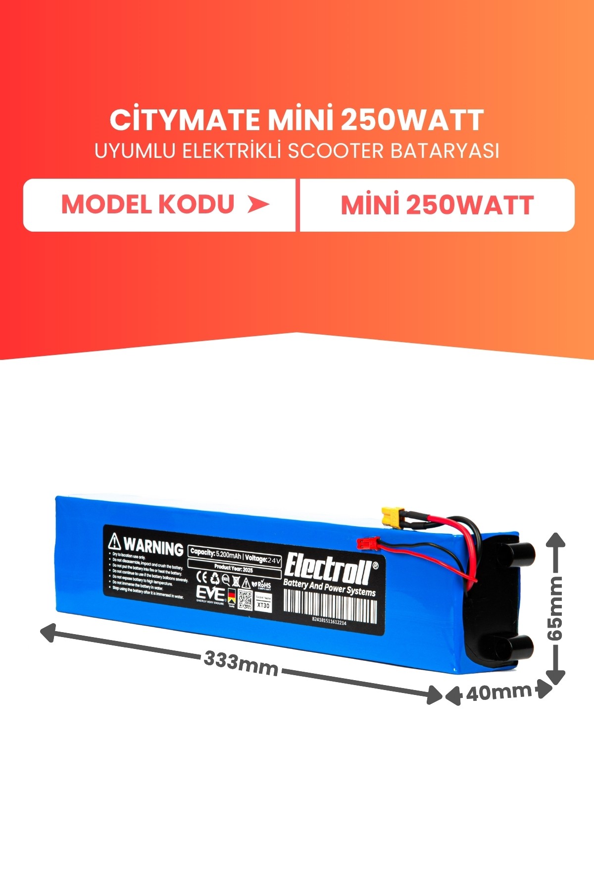 Citymate Mini 250watt Batarya 24v (YÜKSEK KAPASİTE) 5200mah Pil Elektrikli Scooter Bataryası Değişim