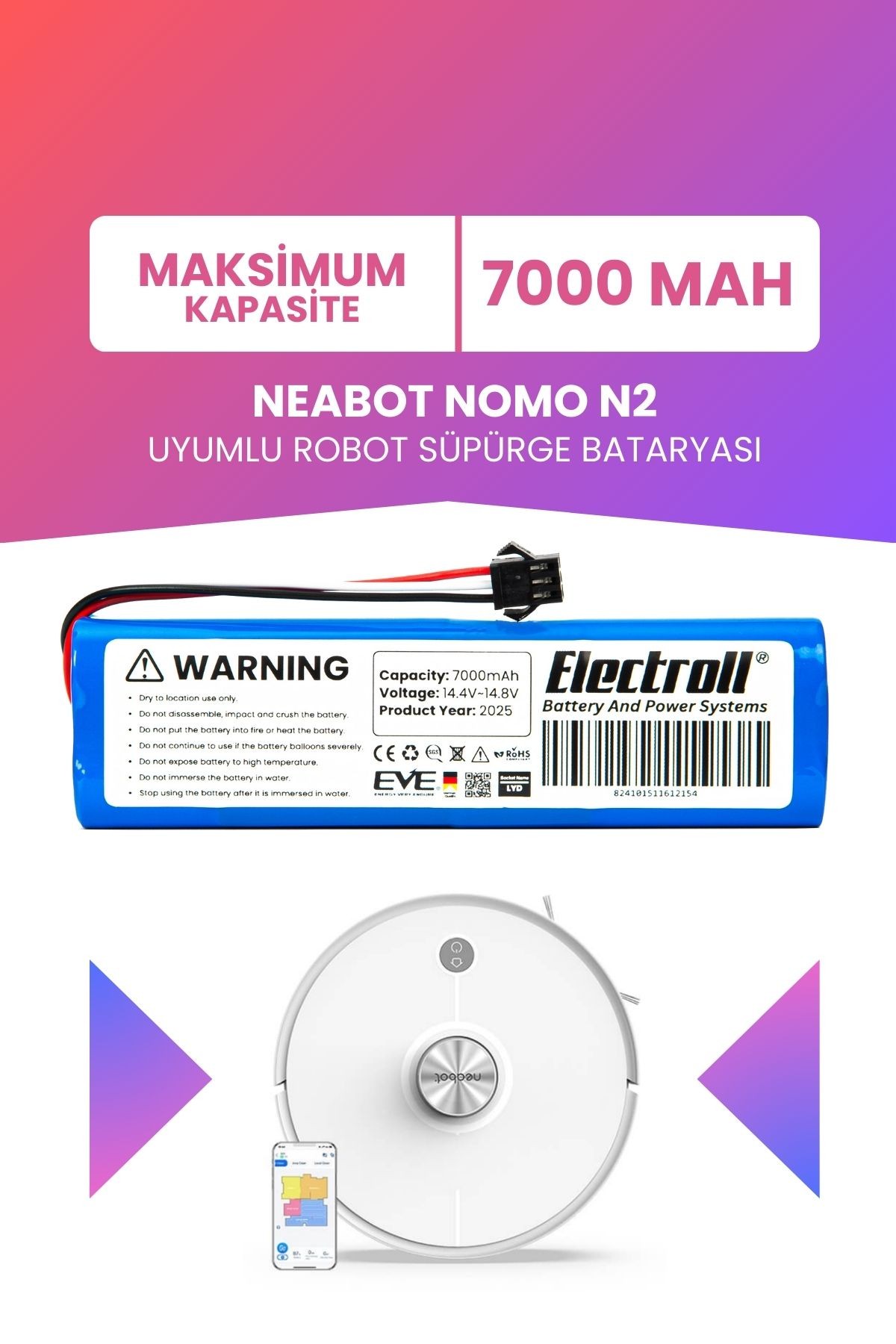 Neabot Nomo N2 Uyumlu Batarya (MAKSİMUM KAPASİTE) 7000mah Pil Robot Süpürge Bataryası Değişimi