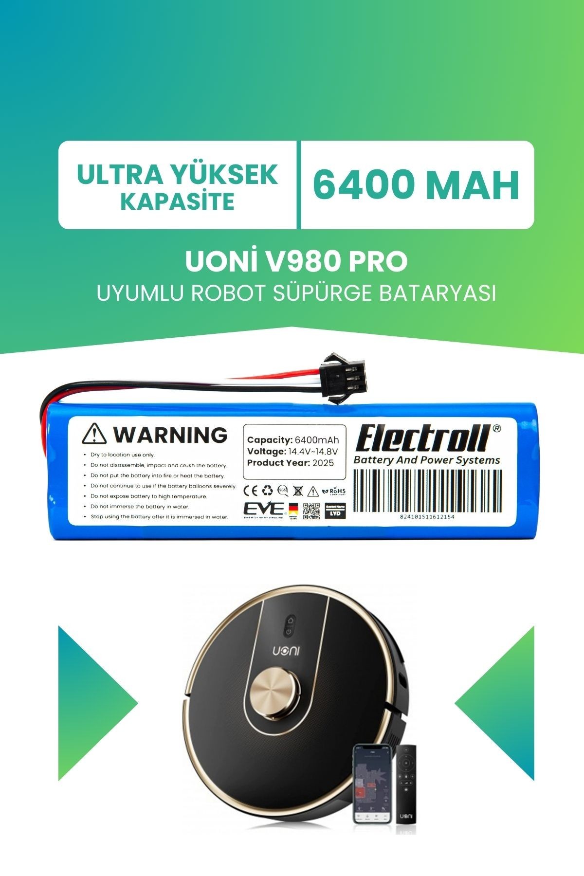 Uoni V980 Pro Uyumlu Batarya (ULTRA YÜKSEK KAPASİTE) 6400mah Pil Robot Süpürge Bataryası Değişimi