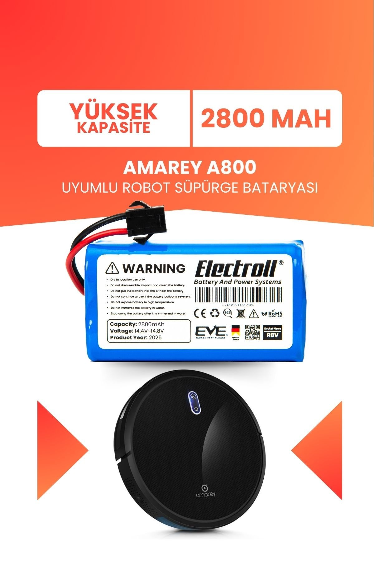 Amarey A800 Uyumlu Batarya (YÜKSEK KAPASİTE) 2800mah Pil Akıllı Robot Süpürge Bataryası