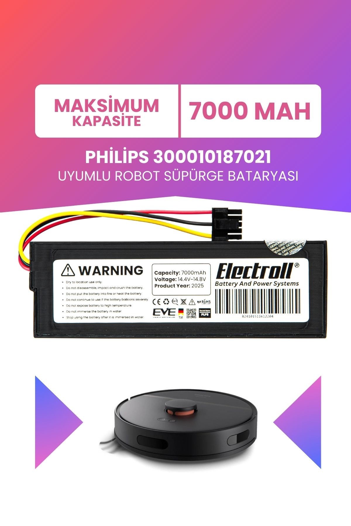 Philips 300010187021 Uyumlu Batarya (MAKSİMUM KAPASİTE) 7000mah Pil Robot Süpürge Bataryası Değişimi