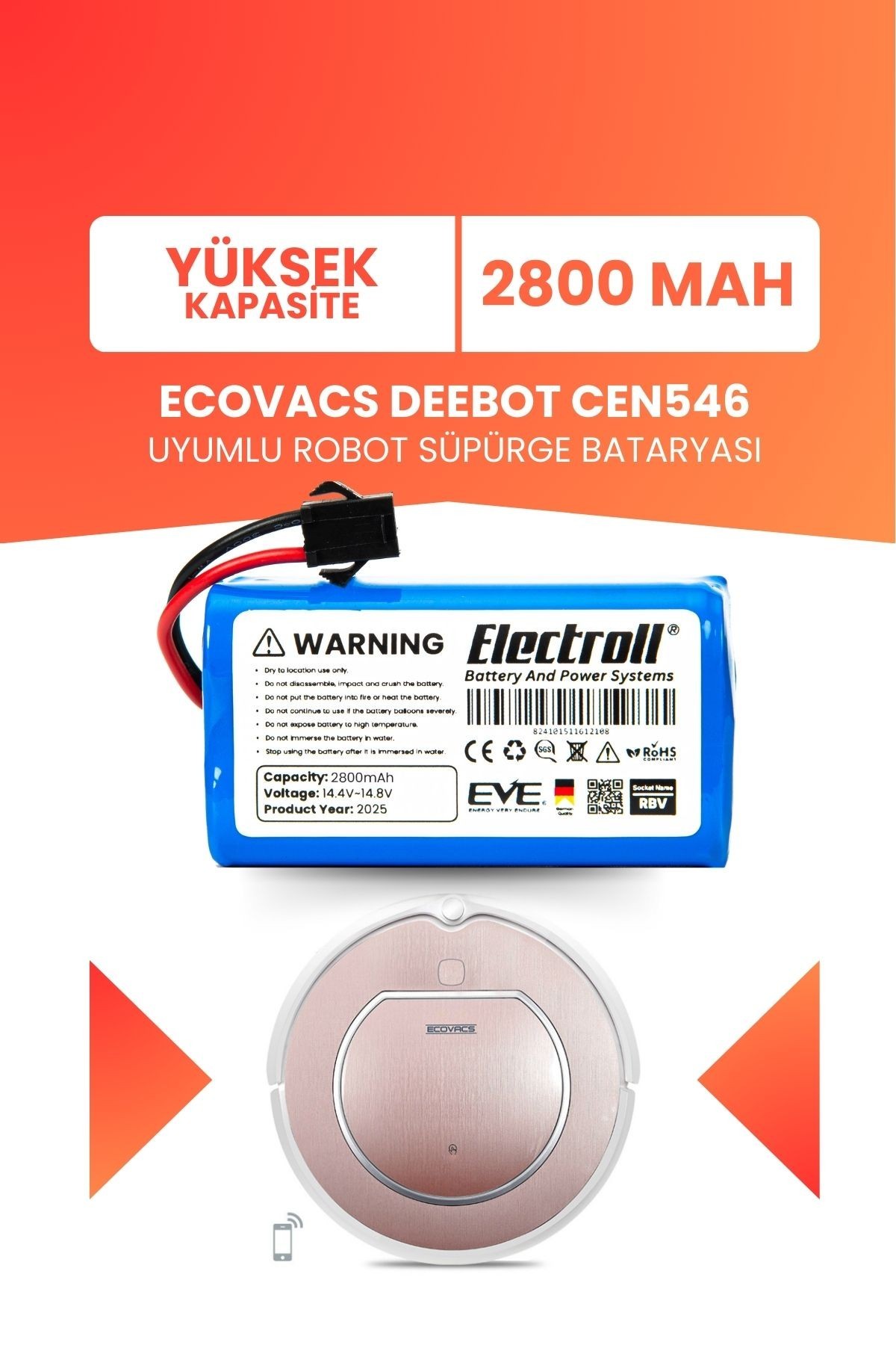 Ecovacs Deebot Cen546 Uyumlu Batarya (YÜKSEK KAPASİTE) 2800mah Pil Robot Süpürge Bataryası
