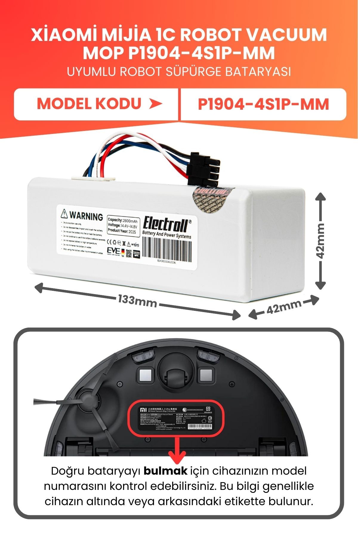 Xiaomi Mijia 1C Robot Vacuum Mop P1904-4S1P-MM Batarya 2800mah Yüksek Kapasite Robot Süpürge Pili