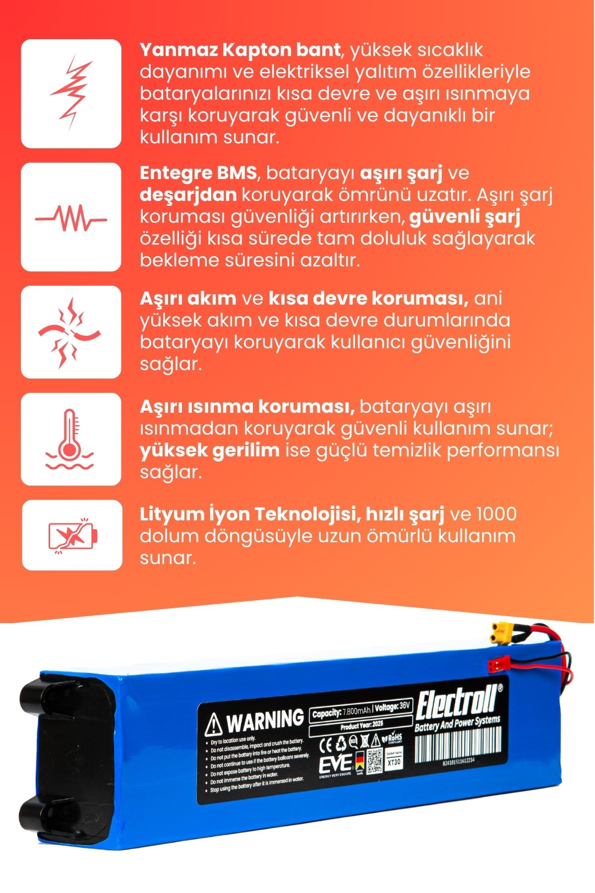 Tomolco H7 Uyumlu Batarya (Yüksek Kapasite) 36V 7.8AH Elektrikli Scooter Bataryası