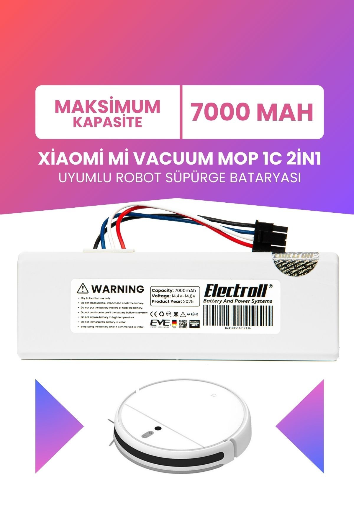 Xiaomi Mi Vacuum Mop 1c Uyumlu Batarya (MAKSİMUM KAPASİTE) 7000mah Robot Süpürge Pil STYTJ01ZHM