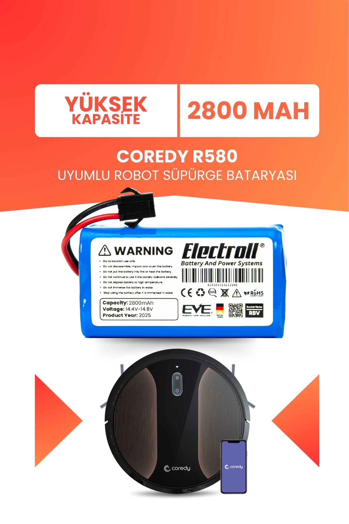 Coredy R580 Uyumlu Batarya (YÜKSEK KAPASİTE) 2800mah Pil Akıllı Robot Süpürge Bataryası