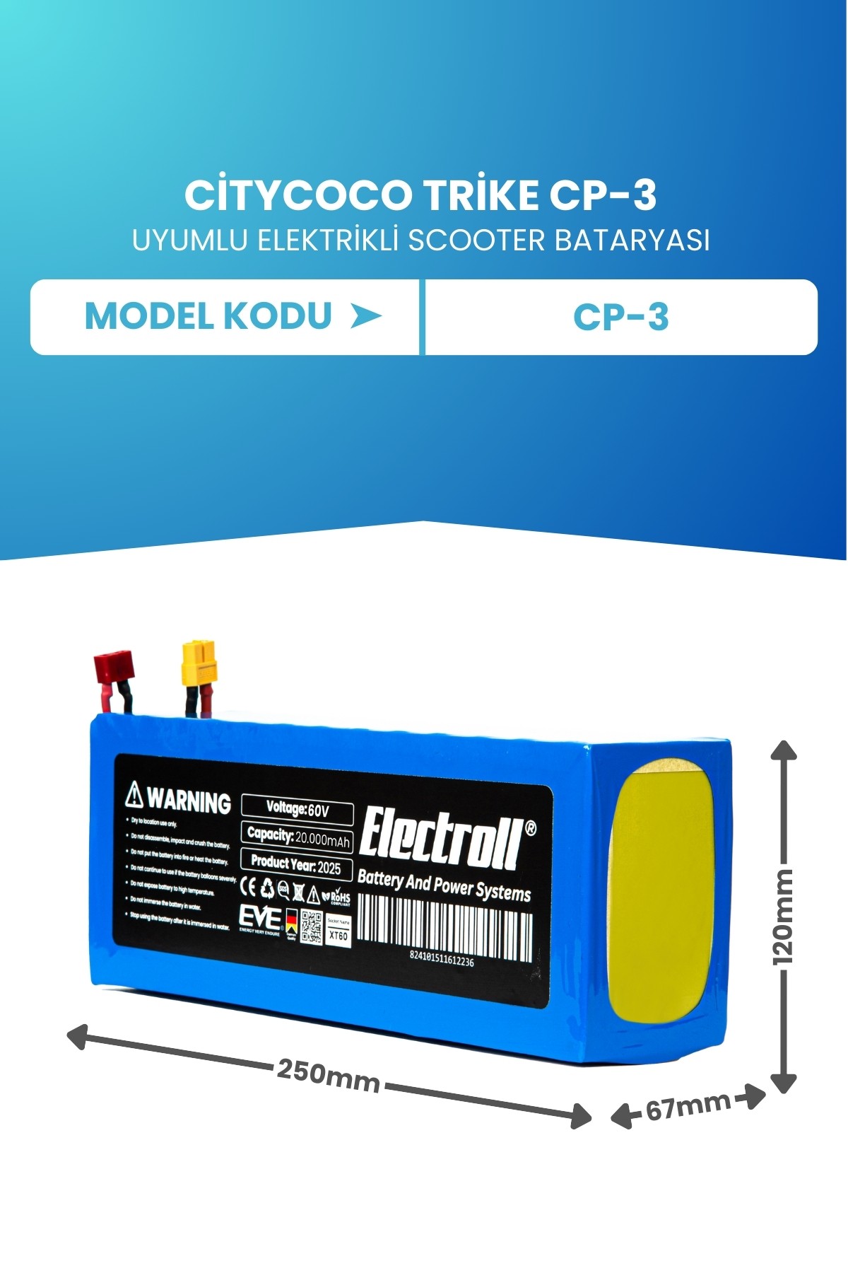Citycoco Trike CP-3 Scooter Batarya (ORJİNAL KAPASİTE) LiFePO4 60V 20AH Elektrikli Scooter Bataryası