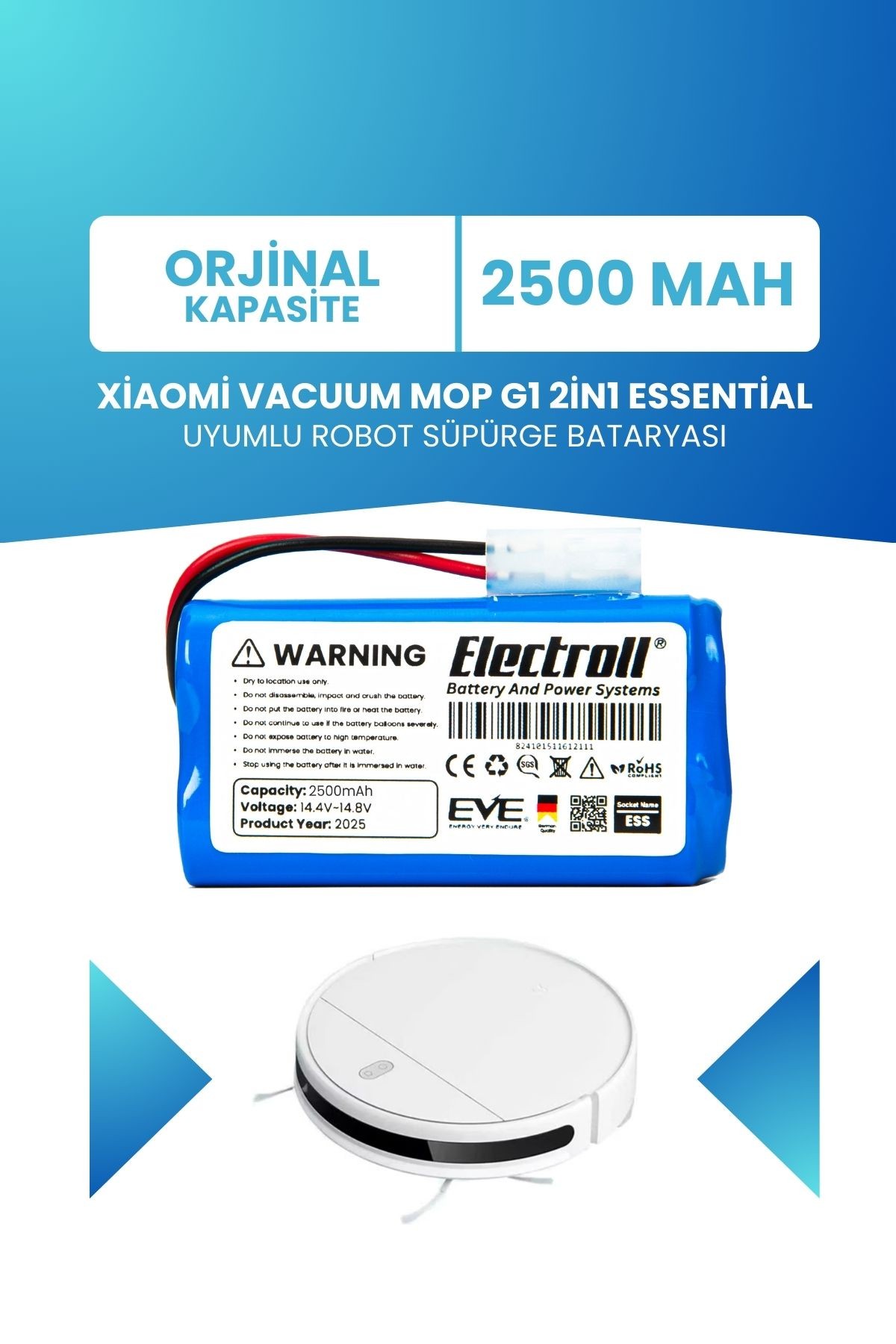 Xiaomi Vacuum Mop G1 2in1 Essential Batarya (ORJİNAL KAPASİTE) 2500mah Robot Süpürge Pili Msjtg1