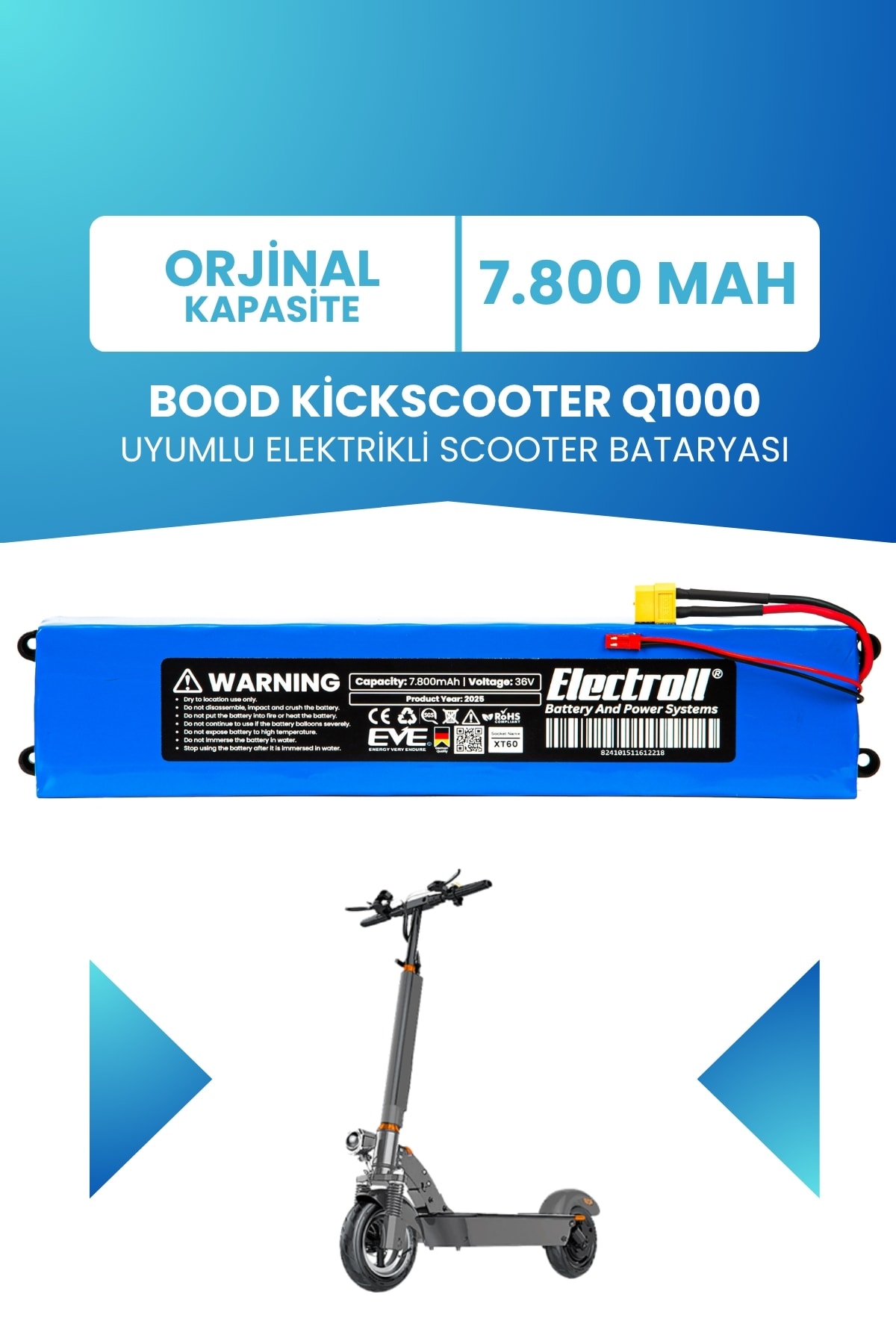 Bood Kickscooter Q1000 Uyumlu Batarya (STANDART KAPASİTE) 36v 7.800mah Elektrikli Scooter Bataryası
