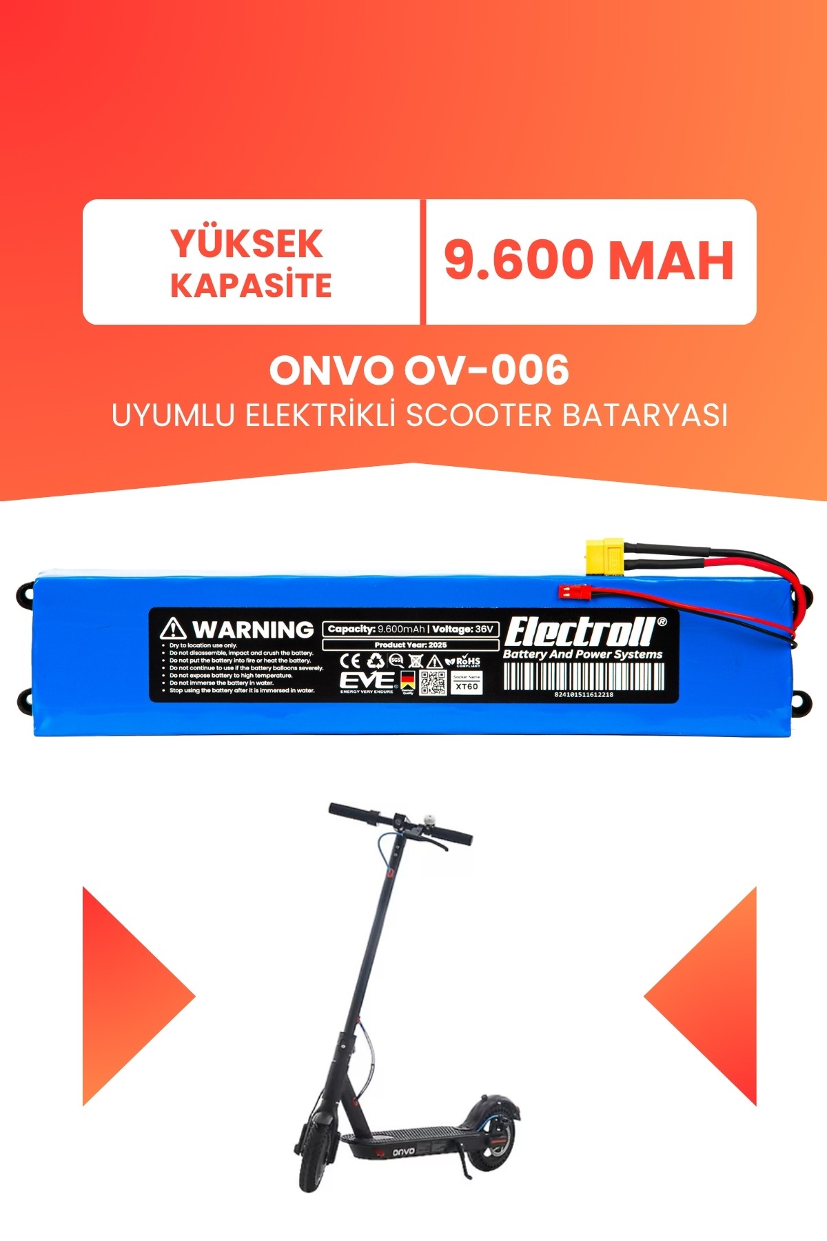 Onvo Ov-006 Uyumlu Batarya (Yüksek Kapasite) 36v 9.600Mah Elektrikli Scooter Bataryası
