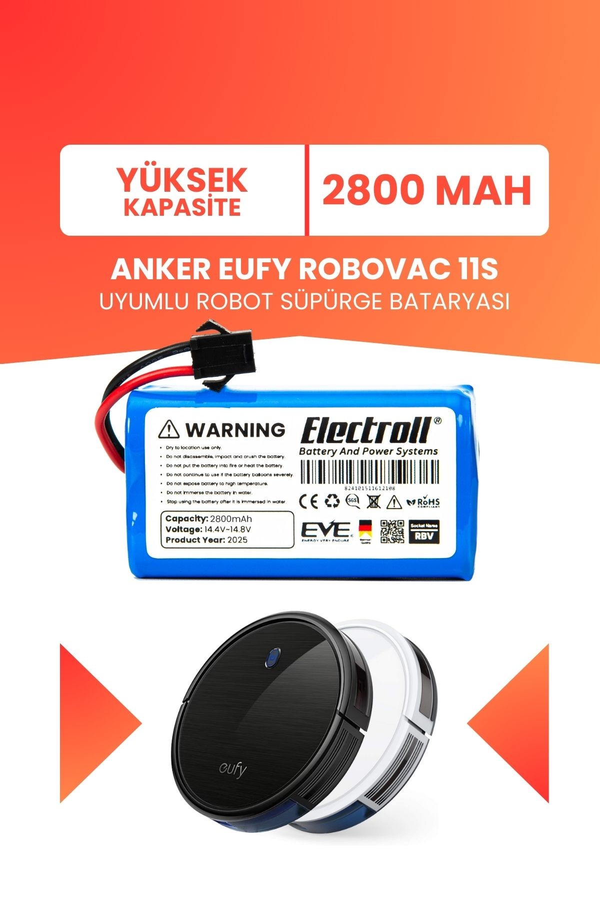 Anker Eufy Robovac 11s Batarya (YÜKSEK KAPASİTE) Naccon 14.4v 2800mah Akıllı Robot Süpürge Pili