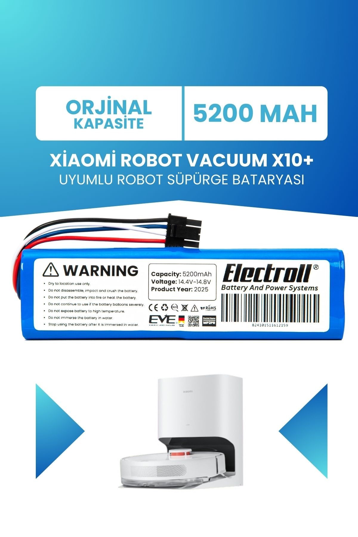 Xiaomi Robot Vacuum X10+ Uyumlu Batarya (ORJİNAL KAPASİTE) 5200mah Pil Robot Süpürge Bataryası