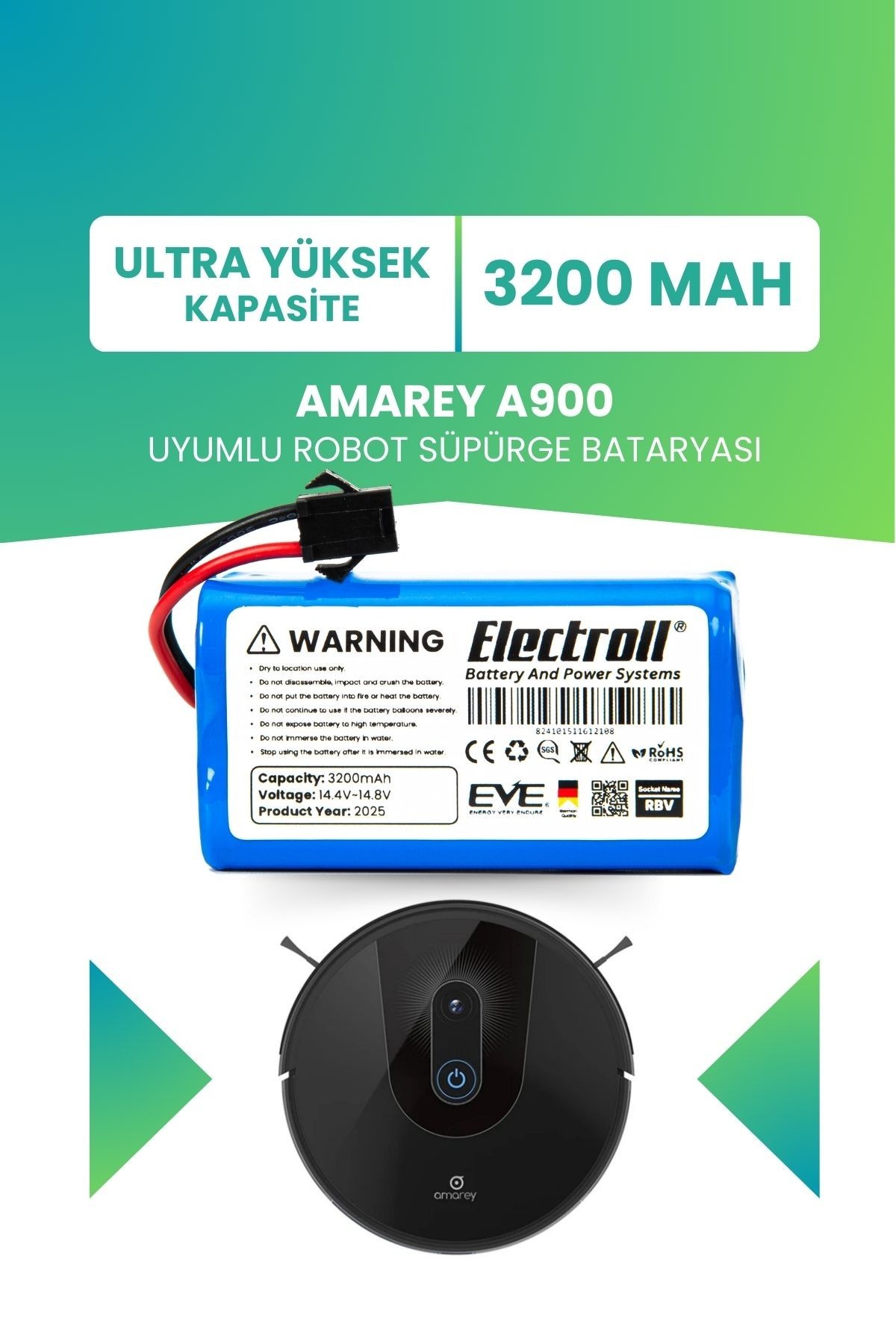 Amarey A900 Uyumlu Batarya (ULTRA YÜKSEK KAPASİTE) 3200mah Pil Akıllı Robot Süpürge Bataryası
