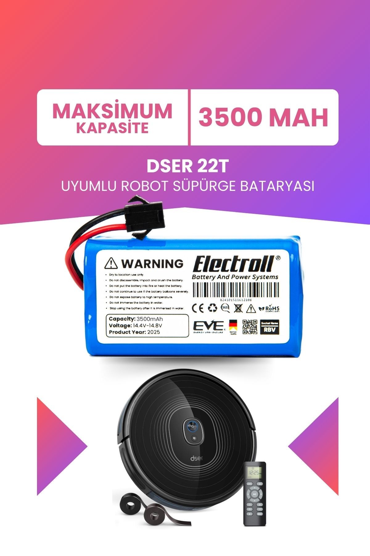 Dser 22t Uyumlu Batarya (MAKSİMUM KAPASİTE) 3500mah Pil Akıllı Robot Süpürge Bataryası