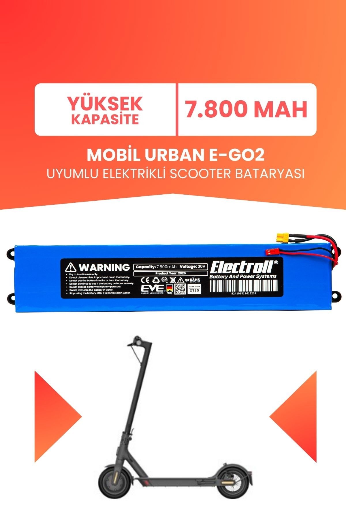 Mobil Urban E-GO2 Batarya (YÜKSEK KAPASİTE) 36v 7.800mah Pil Elektrikli Scooter Bataryası