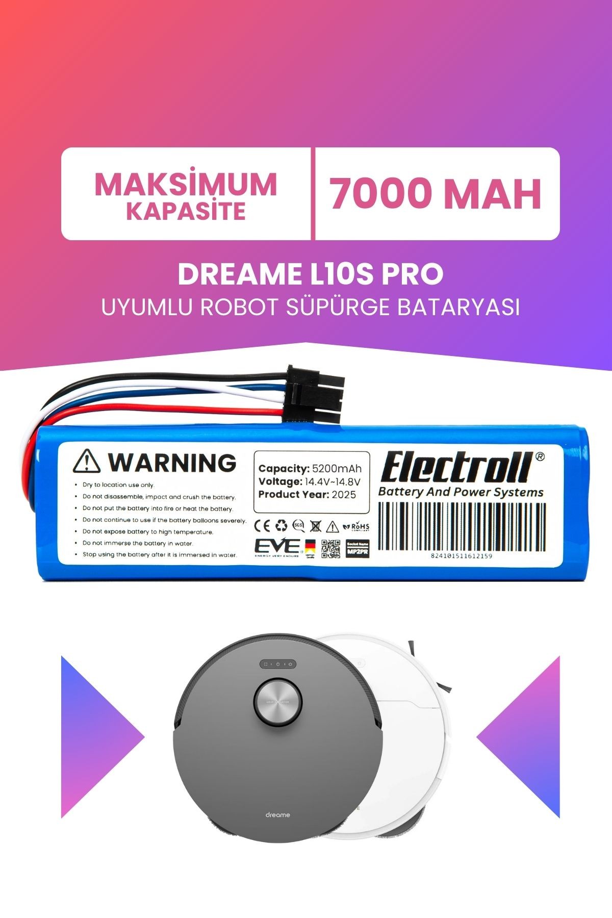 Dreame L10S Pro Uyumlu Batarya (MAKSİMUM KAPASİTE) 7000mah Akıllı Robot Süpürge Bataryası Değişimi