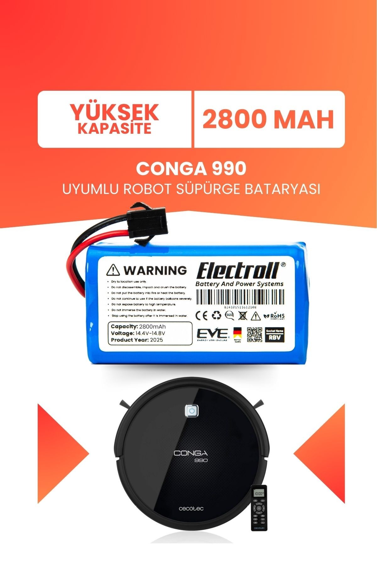 Conga 990 Uyumlu Batarya (YÜKSEK KAPASİTE) 2800mah Pil Akıllı Robot Süpürge Bataryası