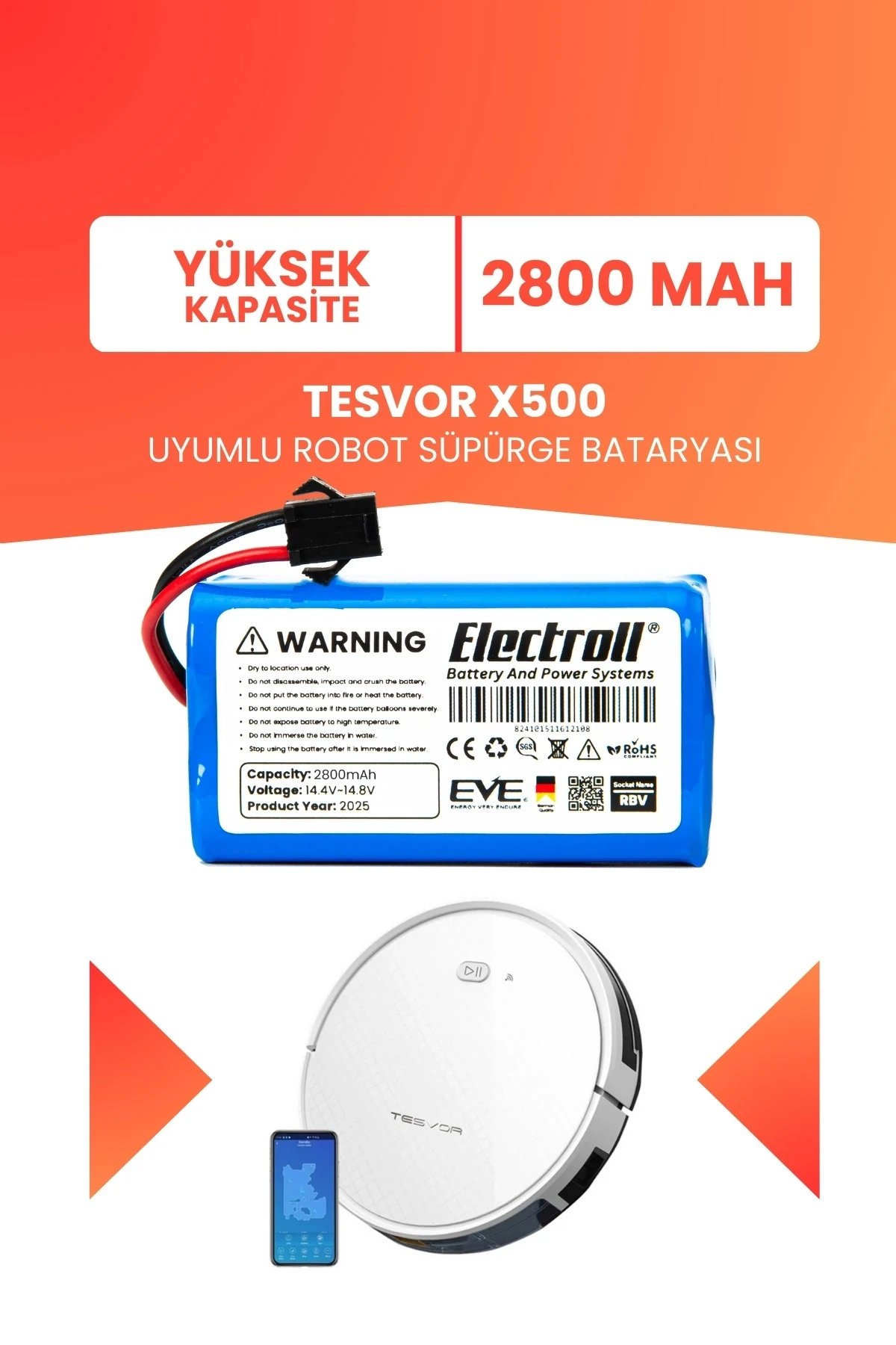 Tesvor X500 Uyumlu Batarya (YÜKSEK KAPASİTE) 2800mah Pil Robot Süpürge Bataryası