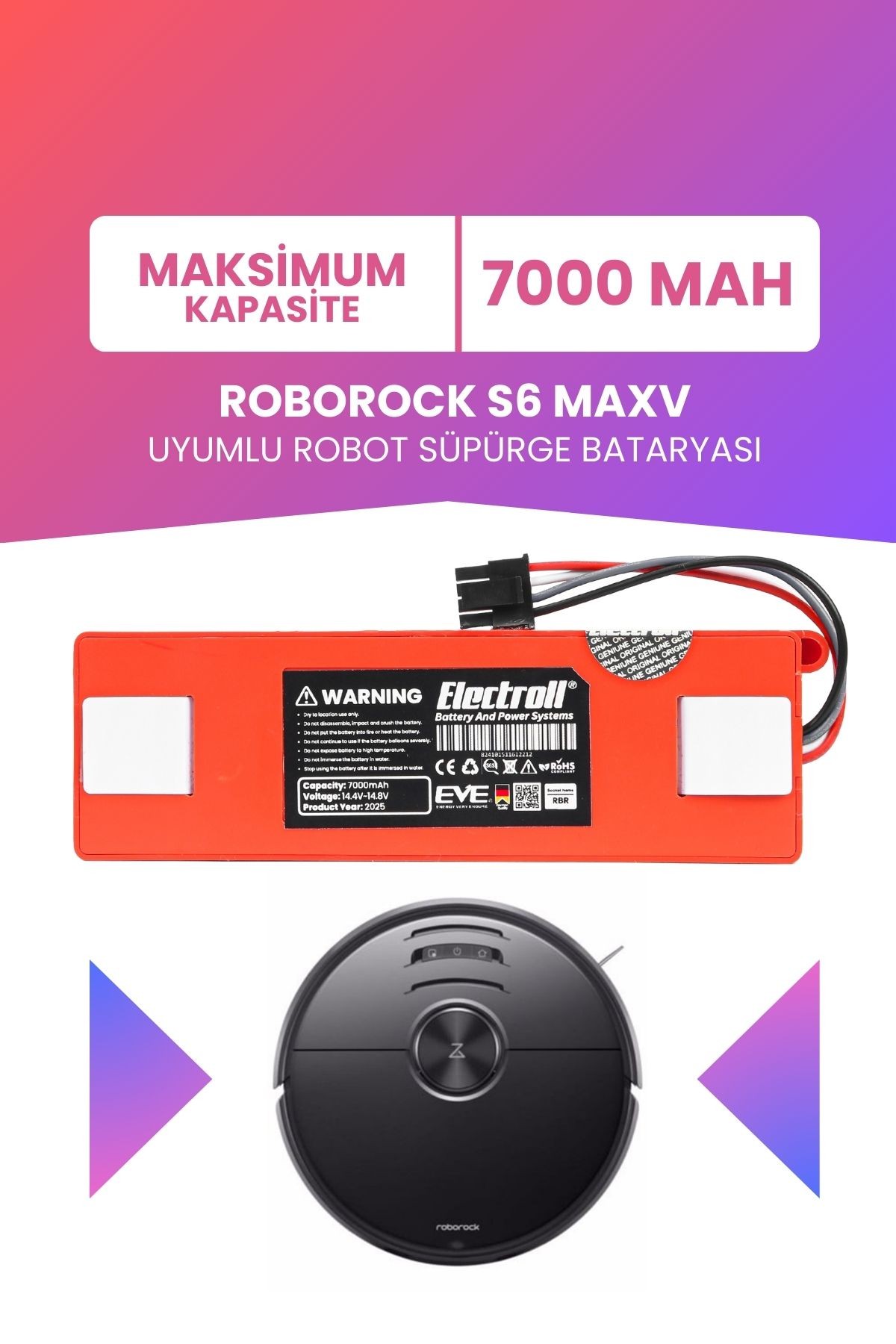 Roborock S6 Maxv Uyumlu Batarya (MAKSİMUM KAPASİTE) 7000mah Kutulu Robot Süpürge Pil Değişimi