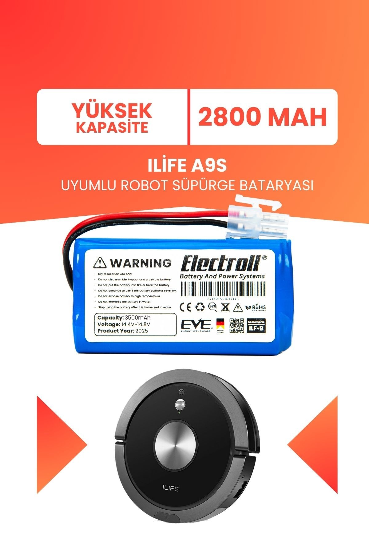 Ilife A9S Uyumlu Batarya (YÜKSEK KAPASİTE) 2800mah Pil Robot Süpürge Bataryası