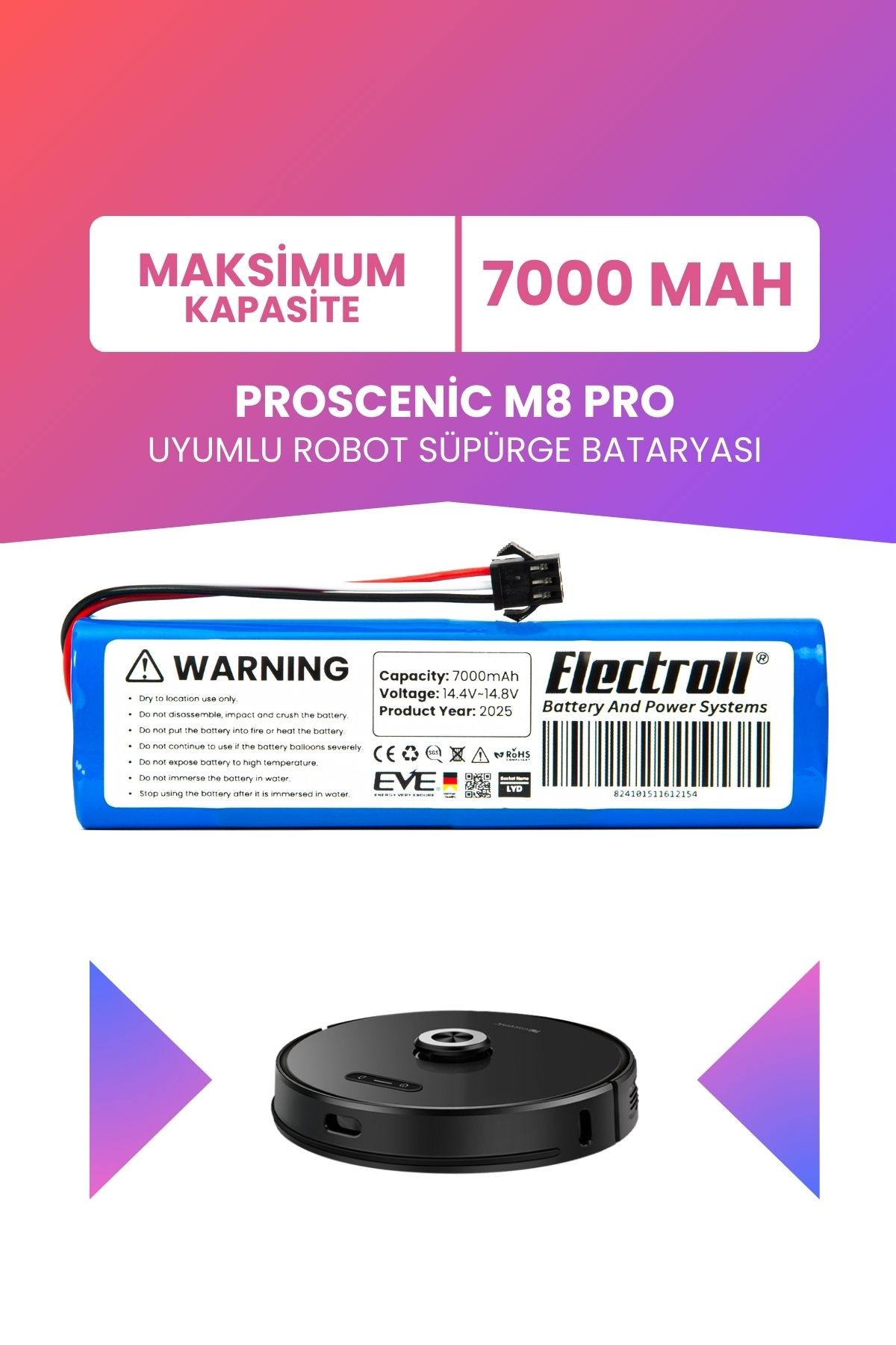 Proscenic M8 Pro Uyumlu Batarya (MAKSİMUM KAPASİTE) 7000mah Pil Robot Süpürge Bataryası Değişimi