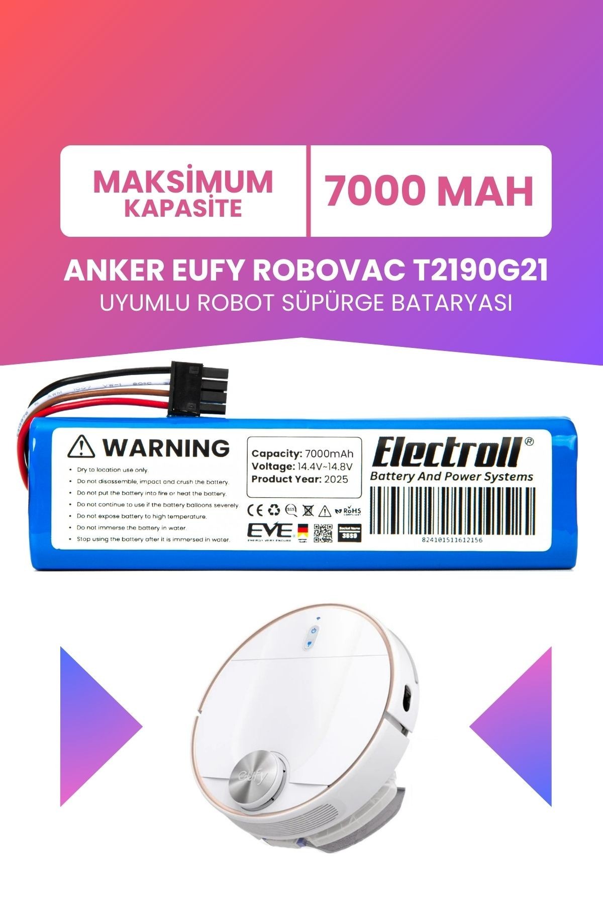 Anker Eufy Robovac T2190G21 Uyumlu Batarya (MAKSİMUM KAPASİTE) 7000mah Pil Robot Süpürge Bataryası