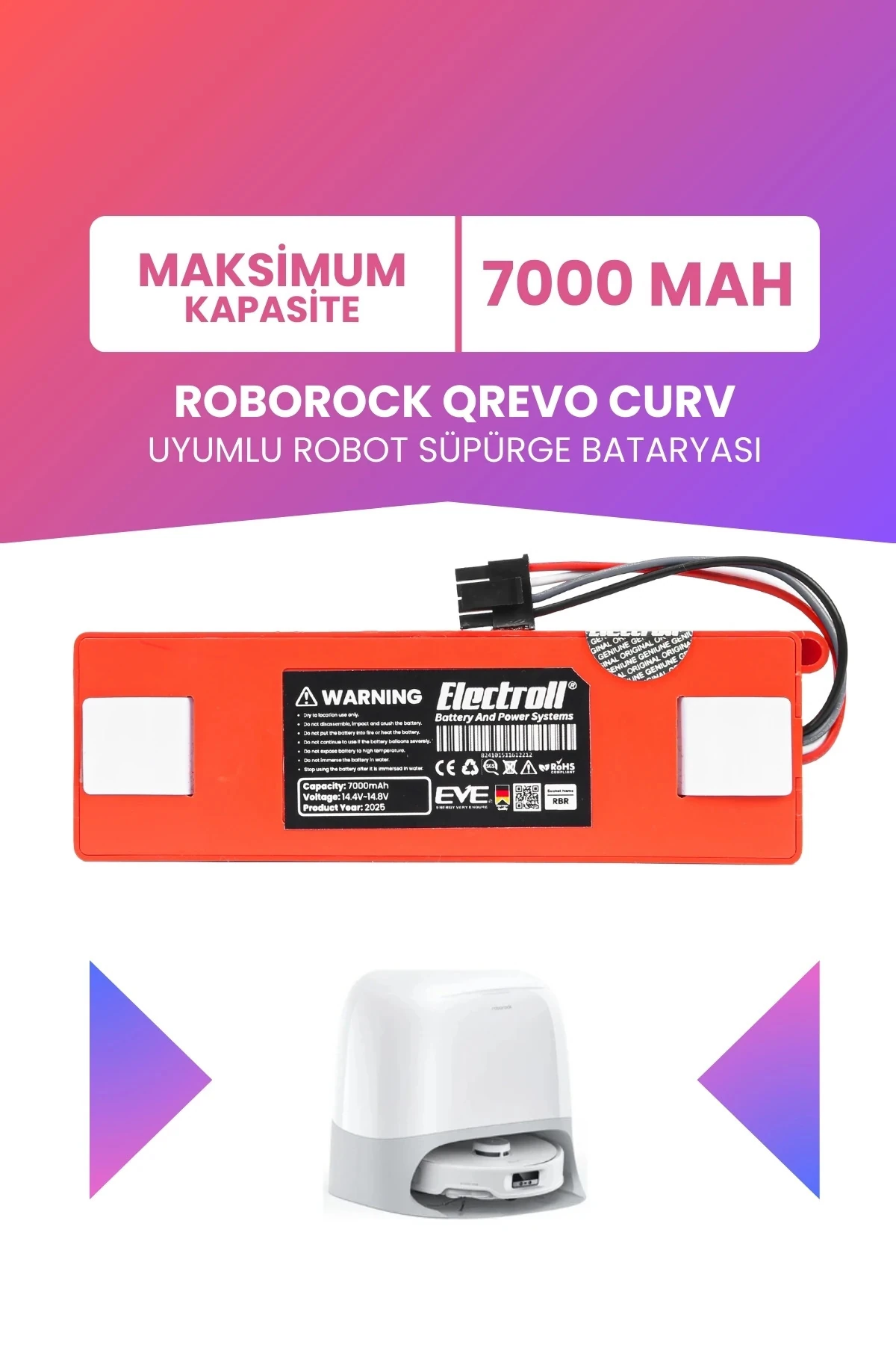 Roborock QREVO CURV Uyumlu Batarya (MAKSİMUM KAPASİTE) 7000mah Kutulu Robot Süpürge Pil Değişimi