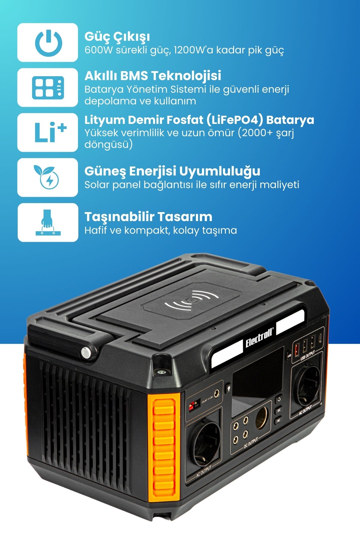 600W Akıllı BMS LiFePO4 Güneş Enerjili Taşınabilir Güç Depolama İstasyonu