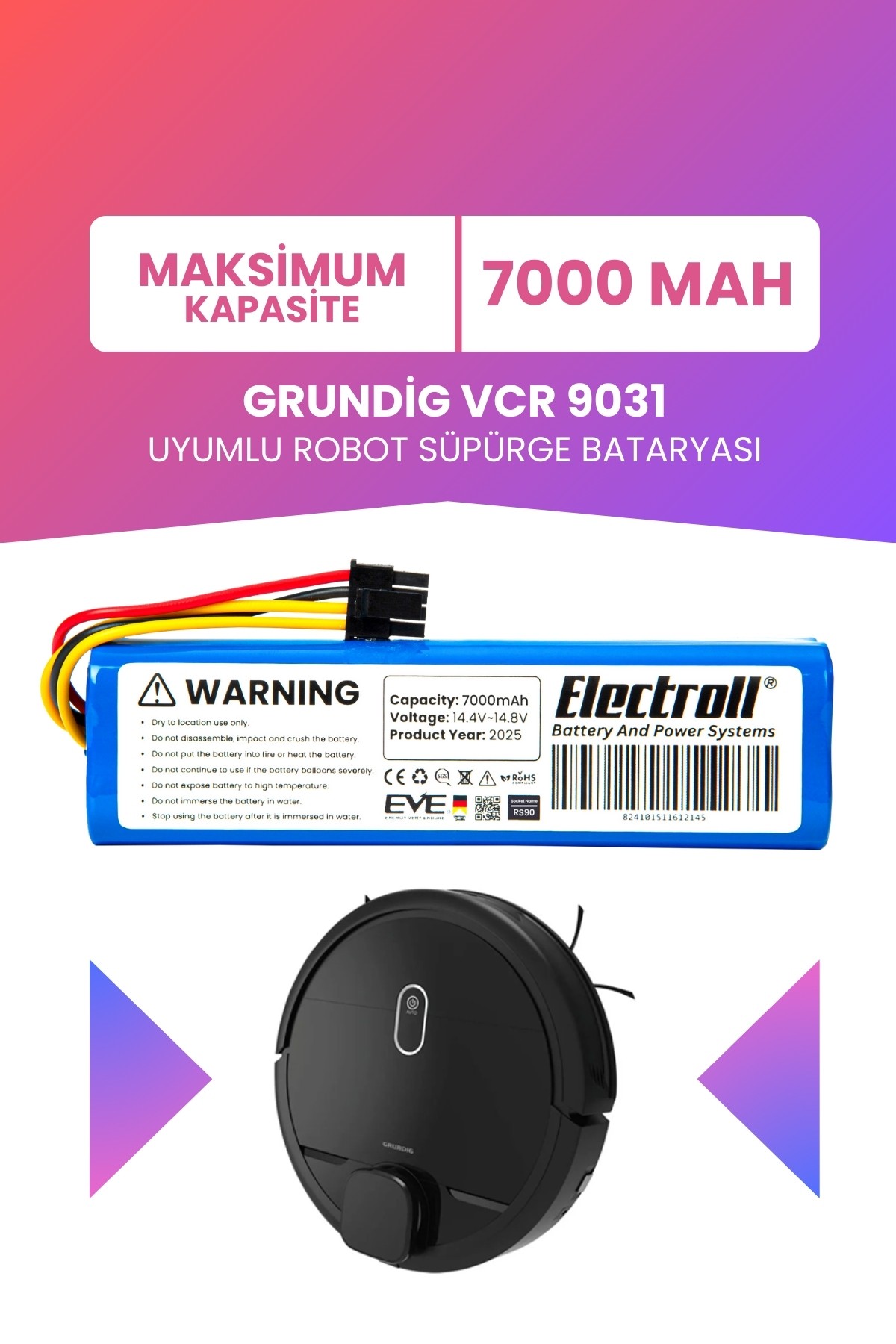 Grundig Vcr 9031 Uyumlu Batarya (MAKSİMUM KAPASİTE) 7000mah Robot Süpürge Bataryası