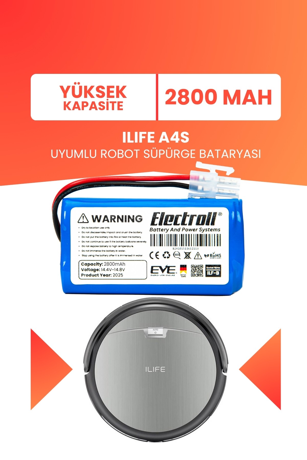 Ilıfe A4s Uyumlu Batarya (YÜKSEK KAPASİTE) 2800mah Pil Robot Süpürge Bataryası